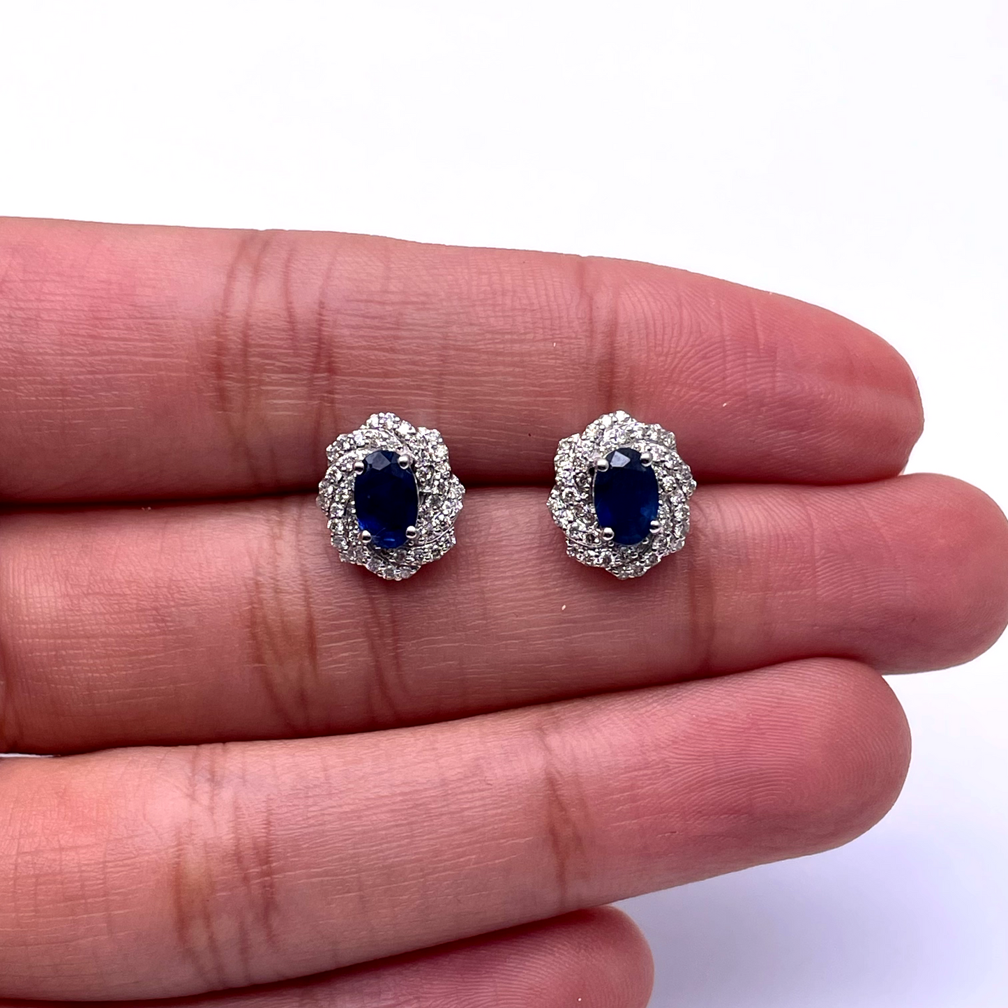 18ct White Gold Natural Oval Blue Sapphire & Diamond Cluster Earrings 0.33ct