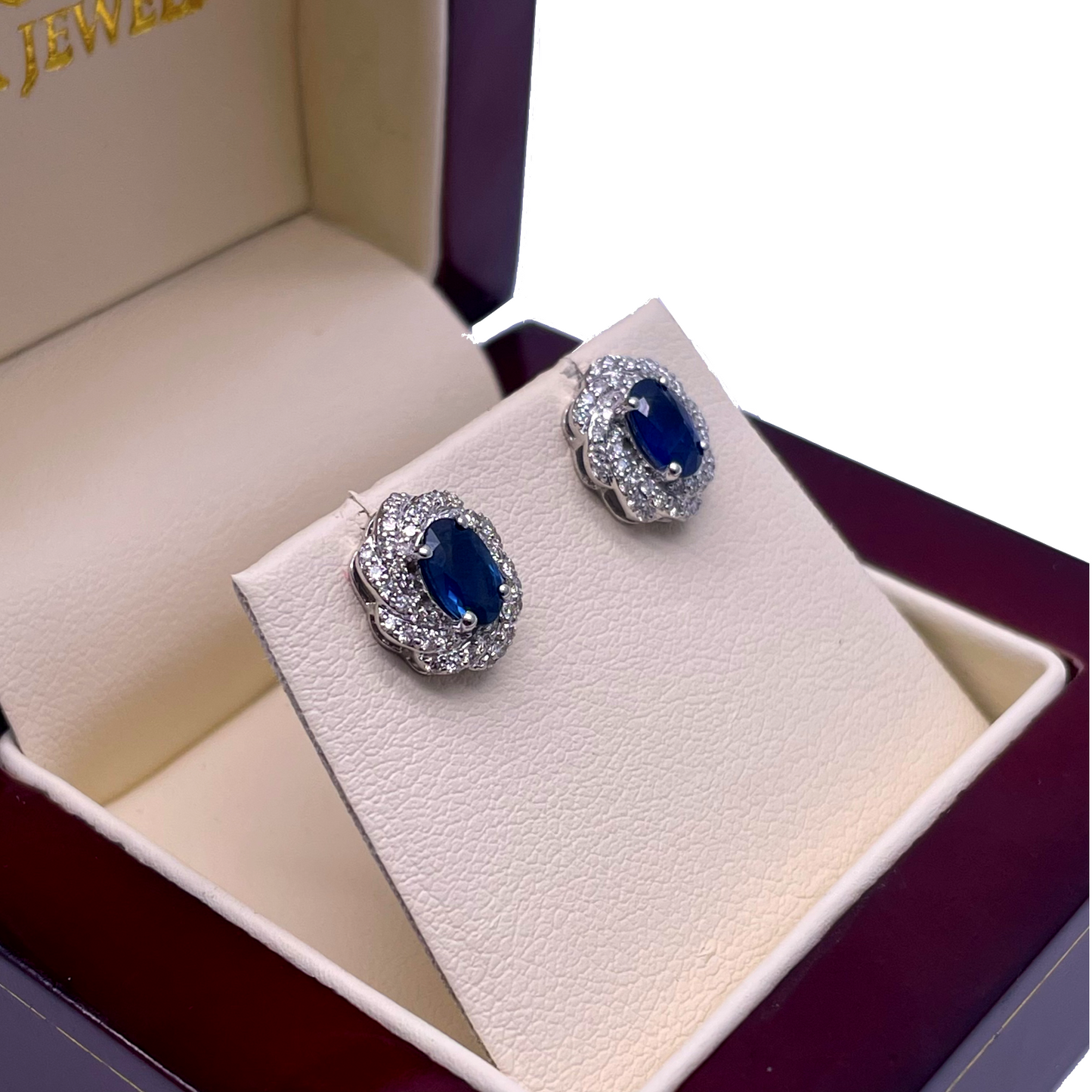 18ct White Gold Natural Oval Blue Sapphire & Diamond Cluster Earrings 0.33ct