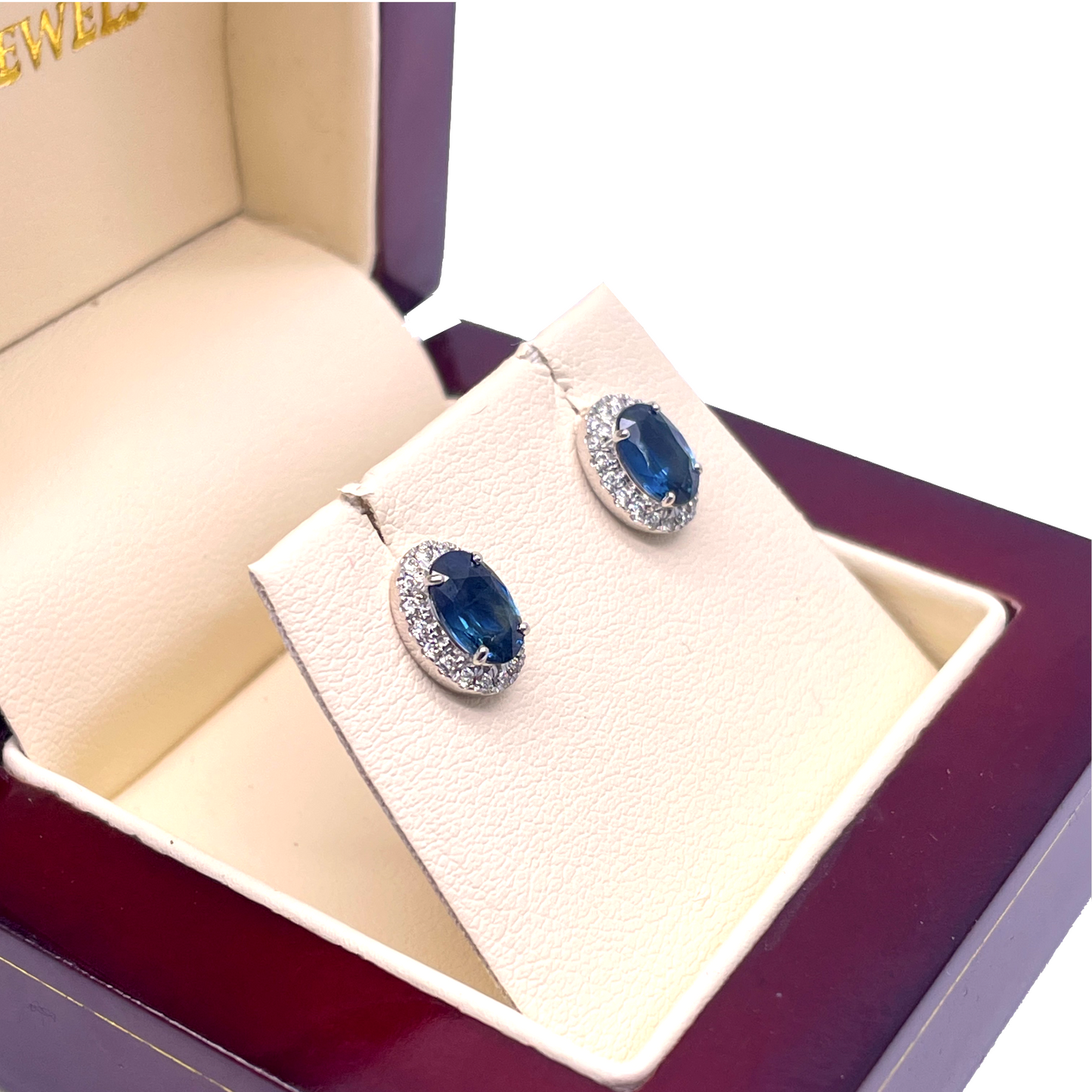 18ct White Gold Natural Oval Blue Sapphire & Diamond Cluster Earrings 0.22ct