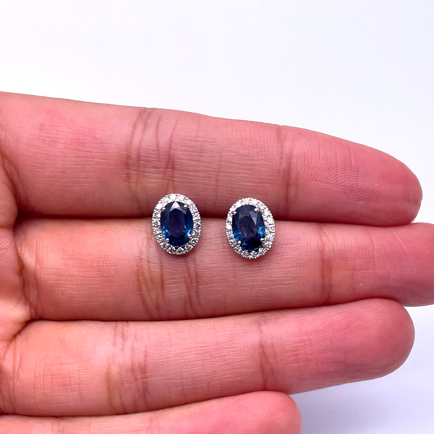 18ct White Gold Natural Oval Blue Sapphire & Diamond Cluster Earrings 0.22ct