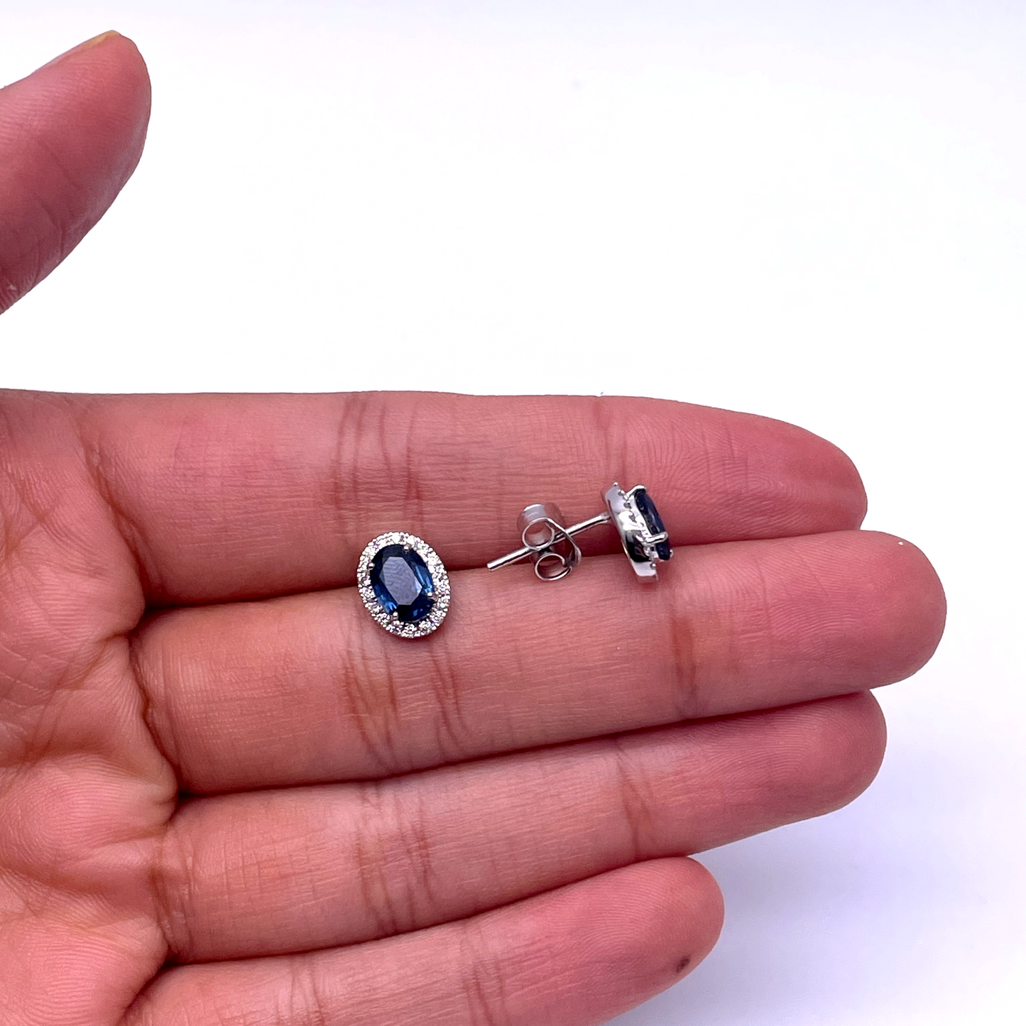 18ct White Gold Natural Oval Blue Sapphire & Diamond Cluster Earrings 0.22ct