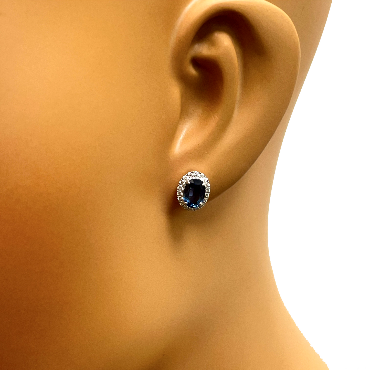 18ct White Gold Natural Oval Blue Sapphire & Diamond Cluster Earrings 0.22ct