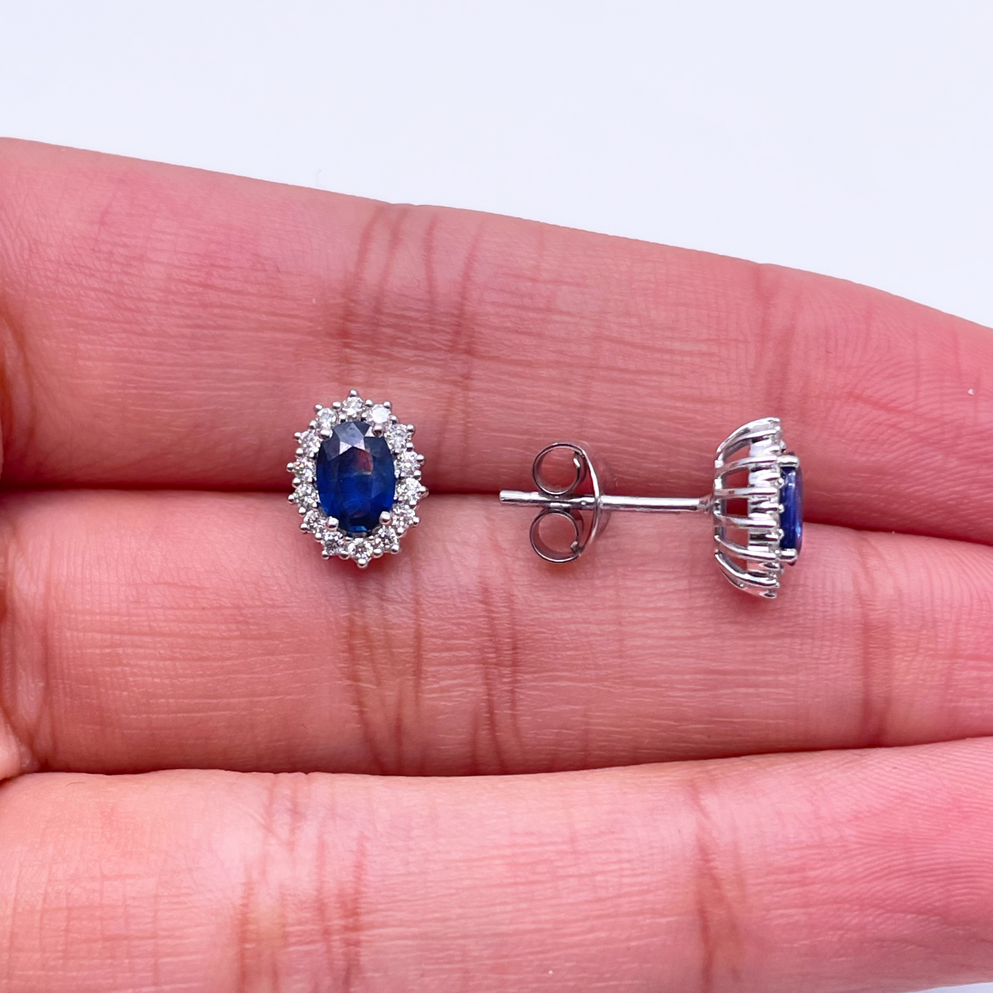 18ct White Gold Natural Blue Sapphire & Diamond Oval Cluster Earrings 1.18ct