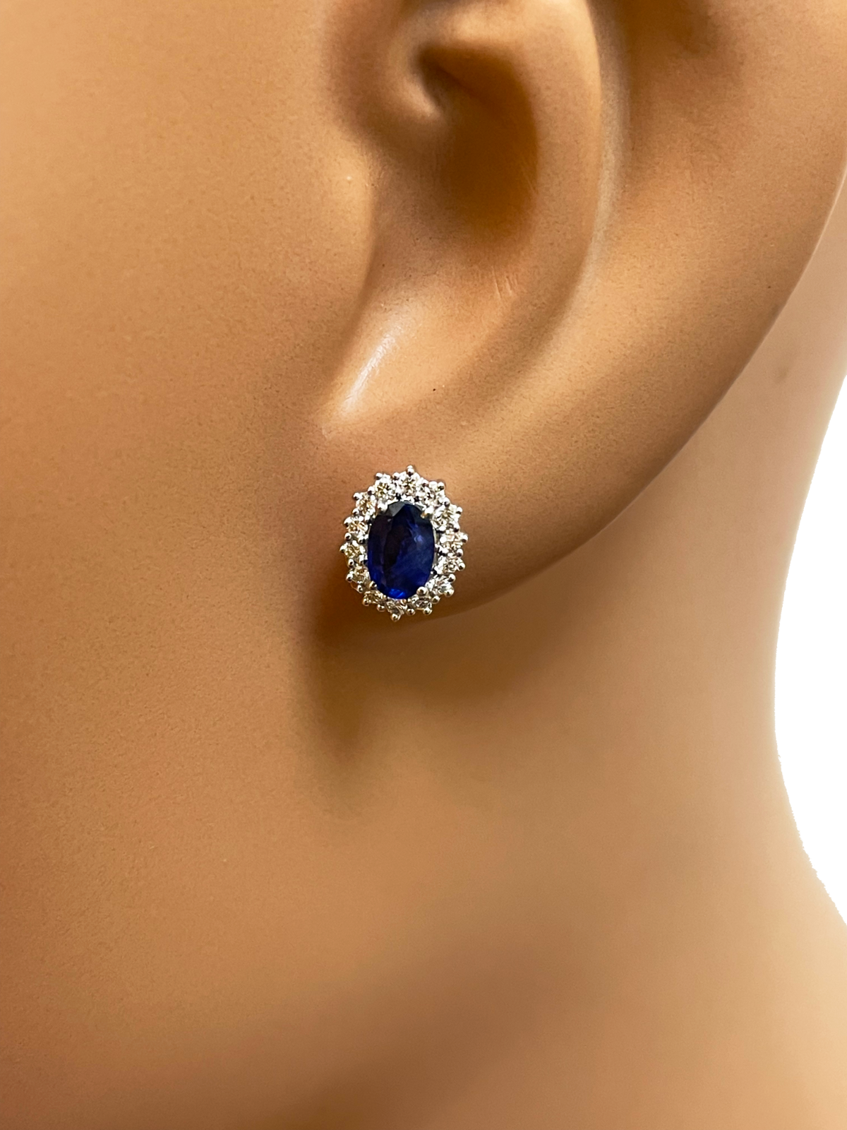 18ct White Gold Natural Blue Sapphire & Diamond Oval Cluster Earrings 1.18ct