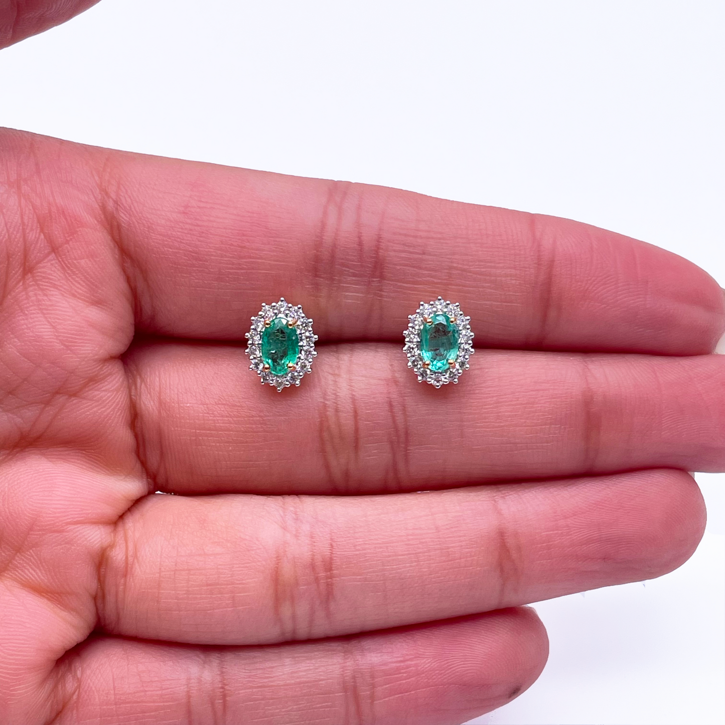 18ct Yellow Gold Natural Green Emerald & Diamond Oval Cluster Earrings 0.94ct
