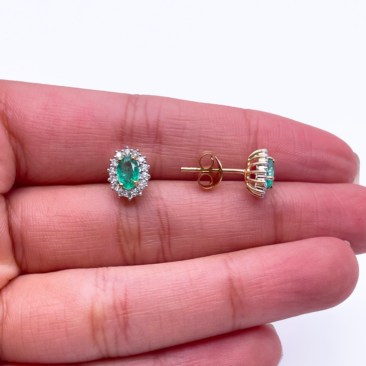 18ct Yellow Gold Natural Green Emerald & Diamond Oval Cluster Earrings 0.94ct