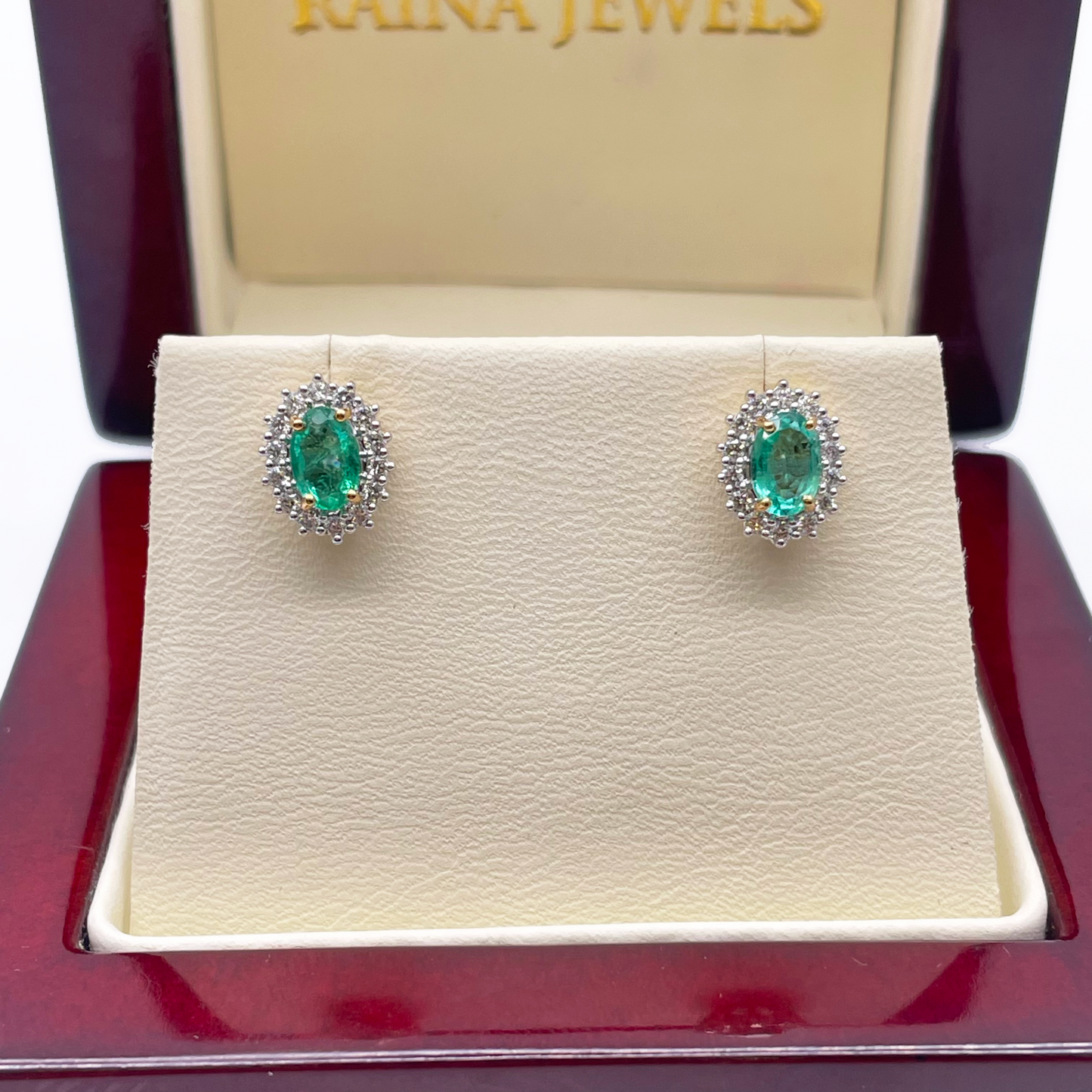 18ct Yellow Gold Natural Green Emerald & Diamond Oval Cluster Earrings 0.94ct