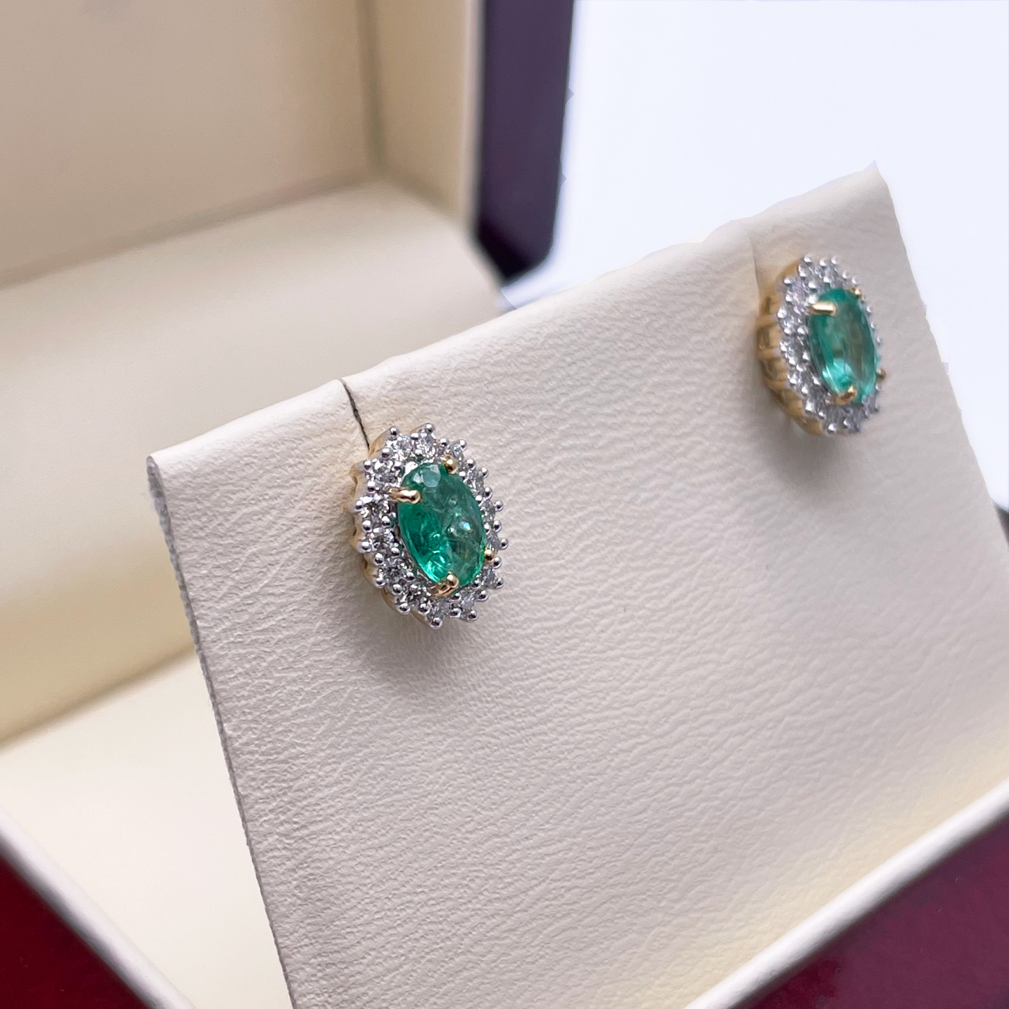 18ct Yellow Gold Natural Green Emerald & Diamond Oval Cluster Earrings 0.94ct