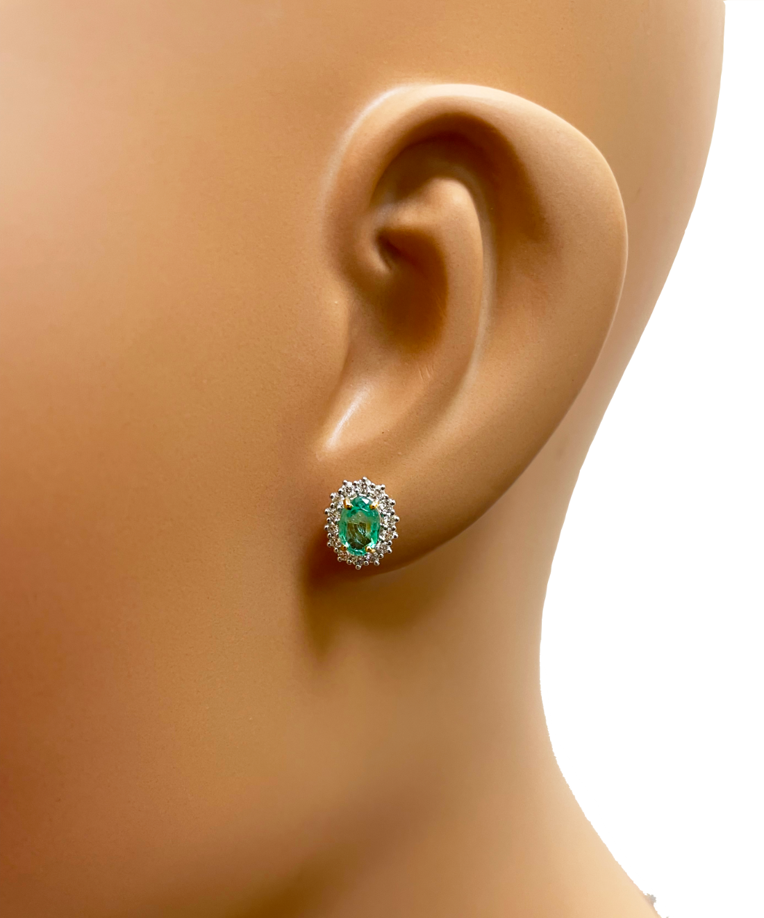 18ct Yellow Gold Natural Green Emerald & Diamond Oval Cluster Earrings 0.94ct