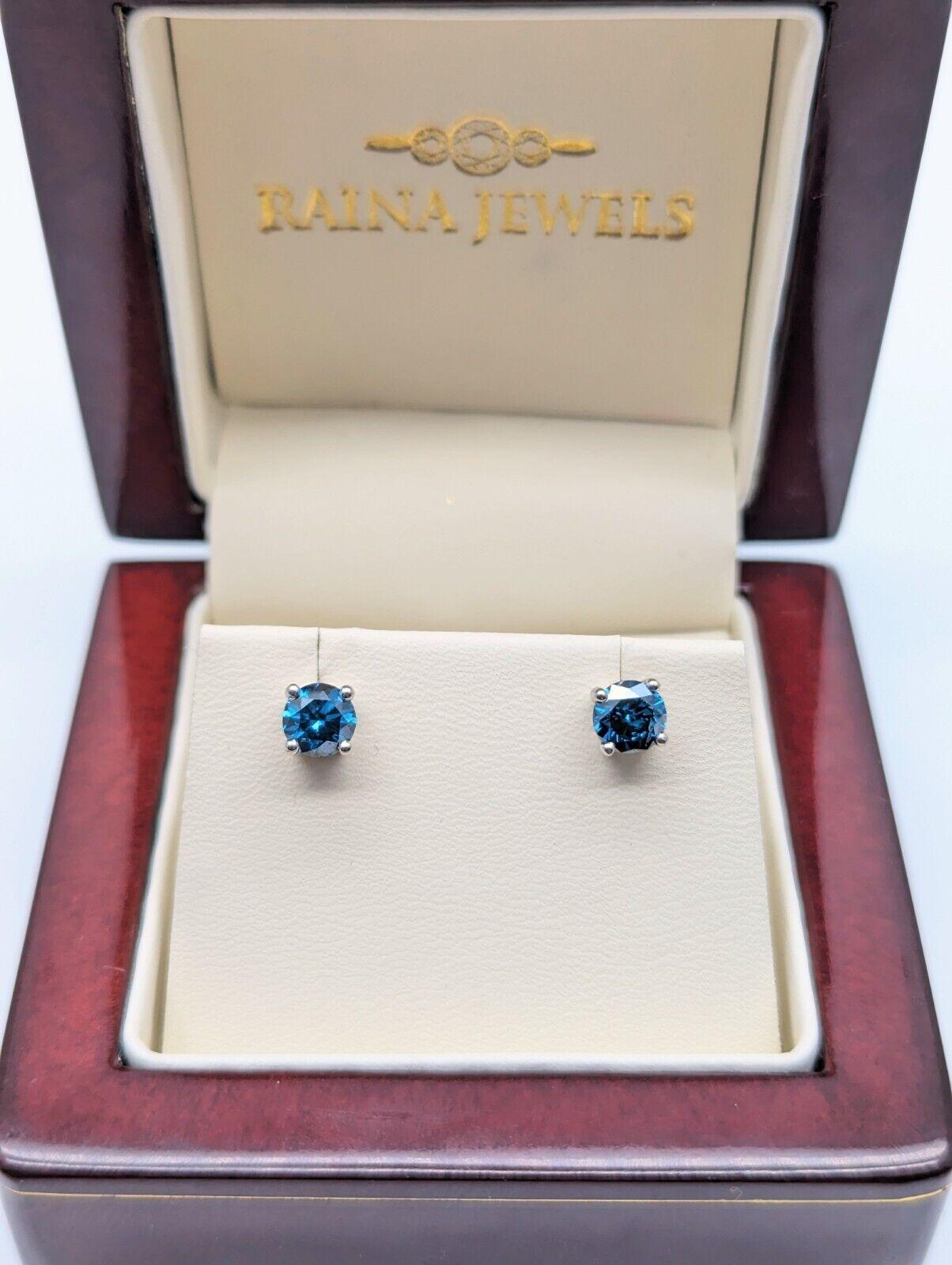 18ct White Gold Natural Teal Blue Diamond 4 Claw Ear Stud Earrings 1.60ct