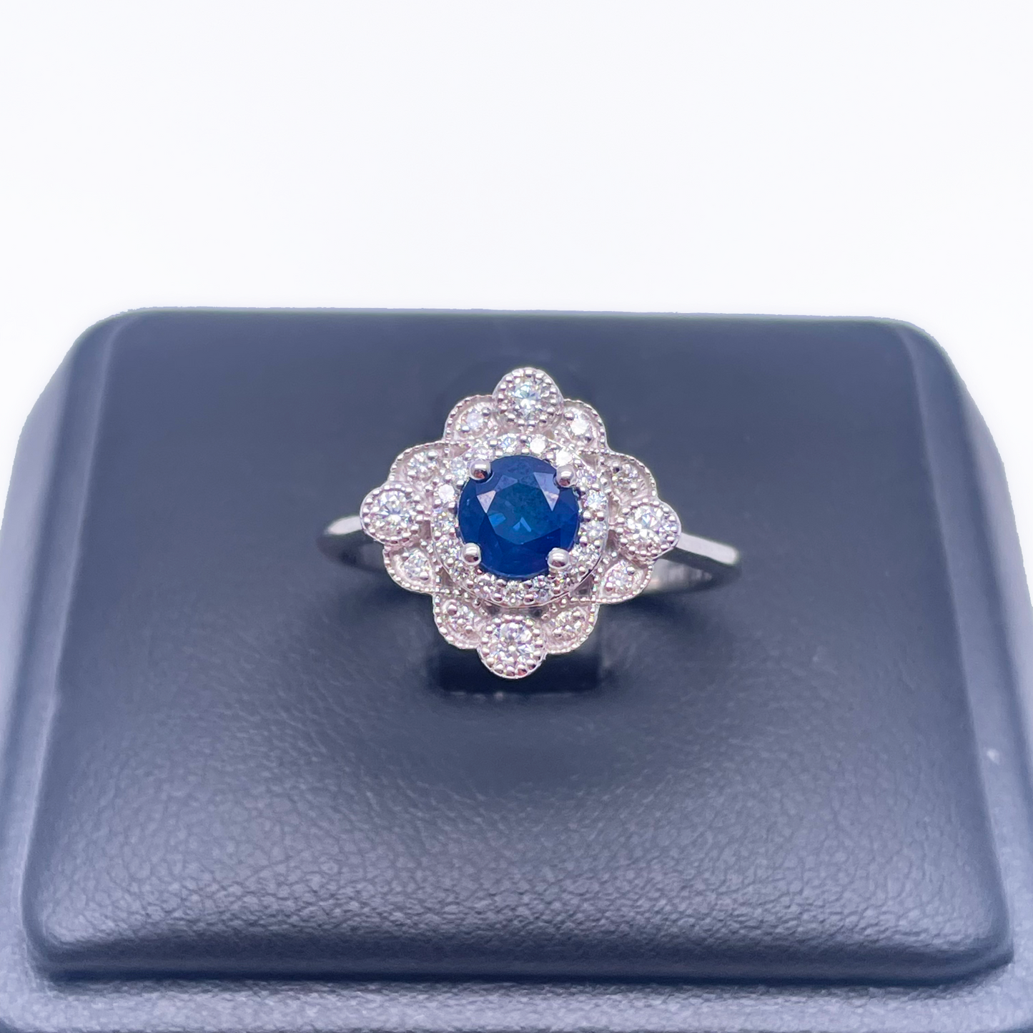 14ct White Gold Round Blue Sapphire & Diamond Cluster Milgrain Ring 0.82ct