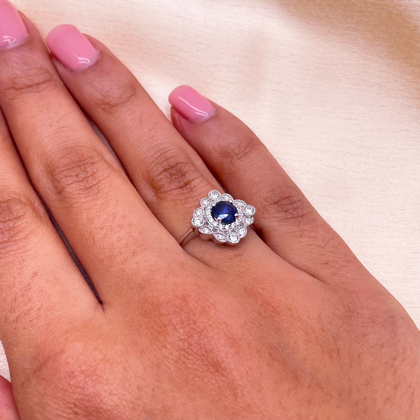 14ct White Gold Round Blue Sapphire & Diamond Cluster Milgrain Ring 0.82ct