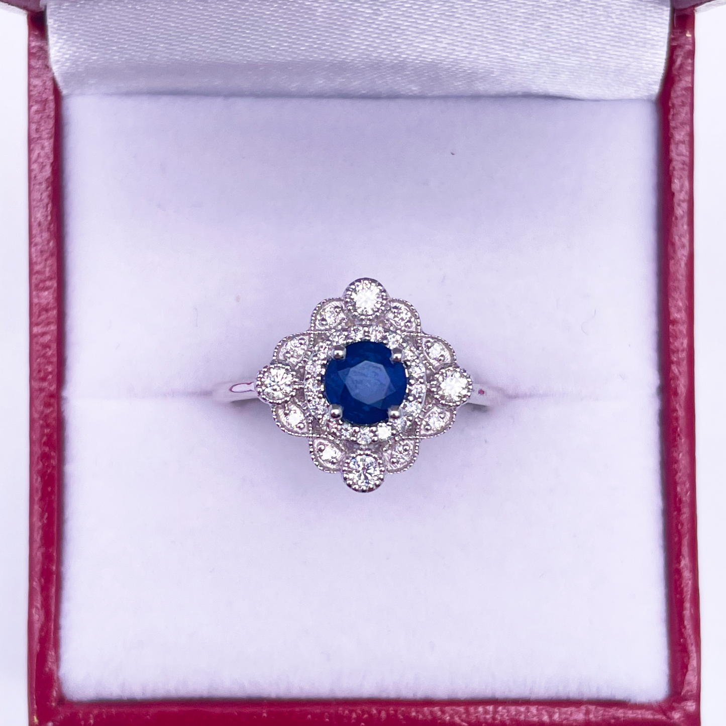 14ct White Gold Round Blue Sapphire & Diamond Cluster Milgrain Ring 0.82ct