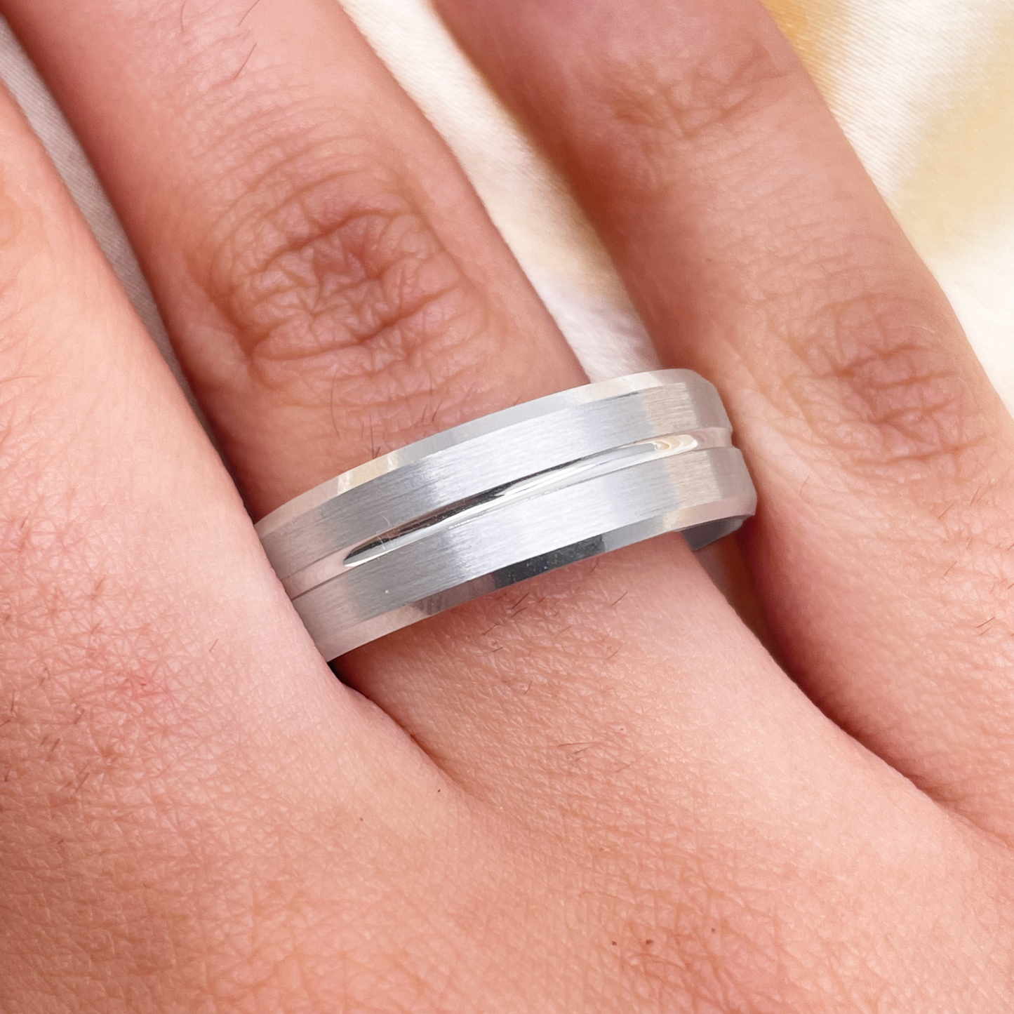 Mens Platinum Wedding Band 7mm Matt with Centre Grove & Bevelled Edges Heavy Weight
