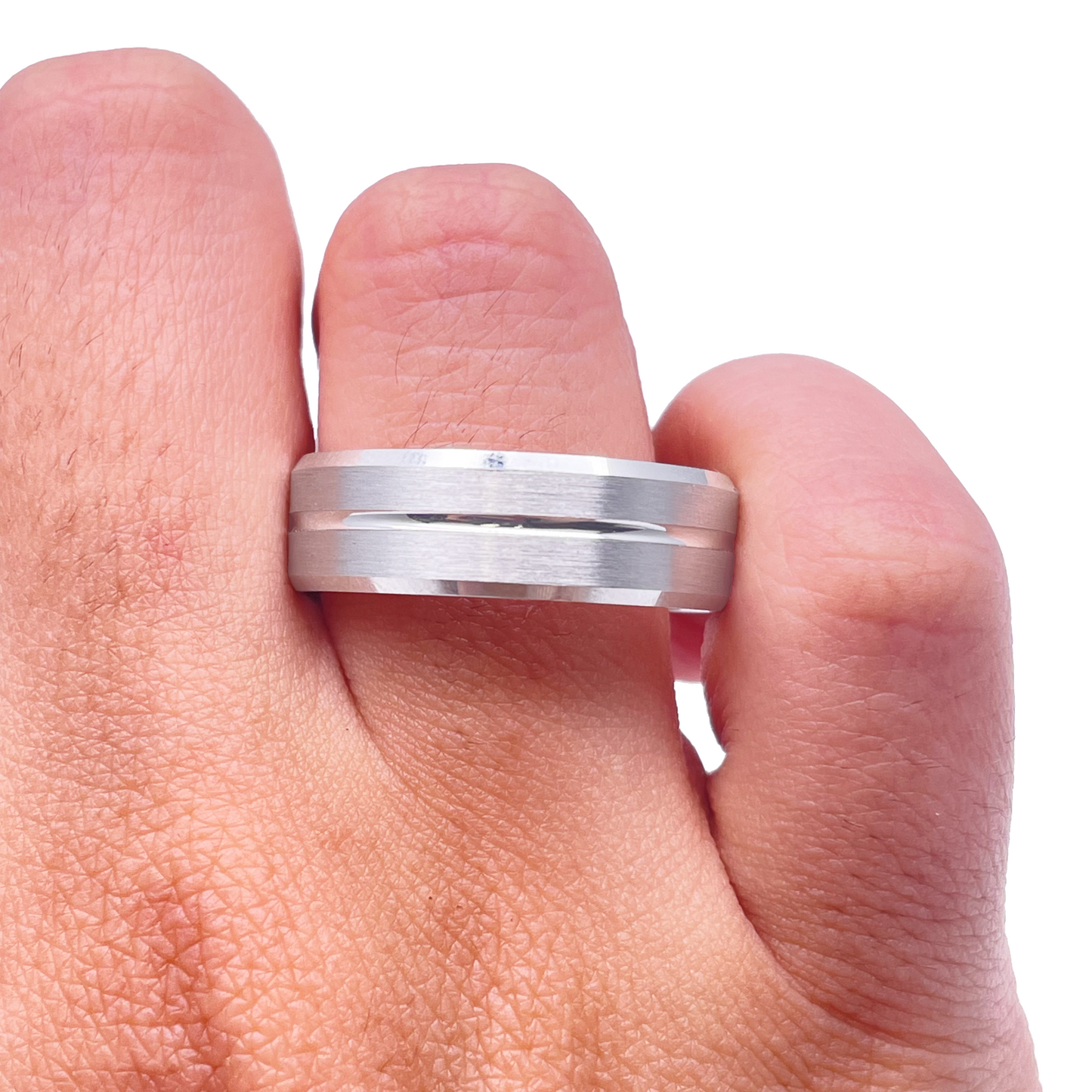 Mens Platinum Wedding Band 7mm Matt with Centre Grove & Bevelled Edges Heavy Weight