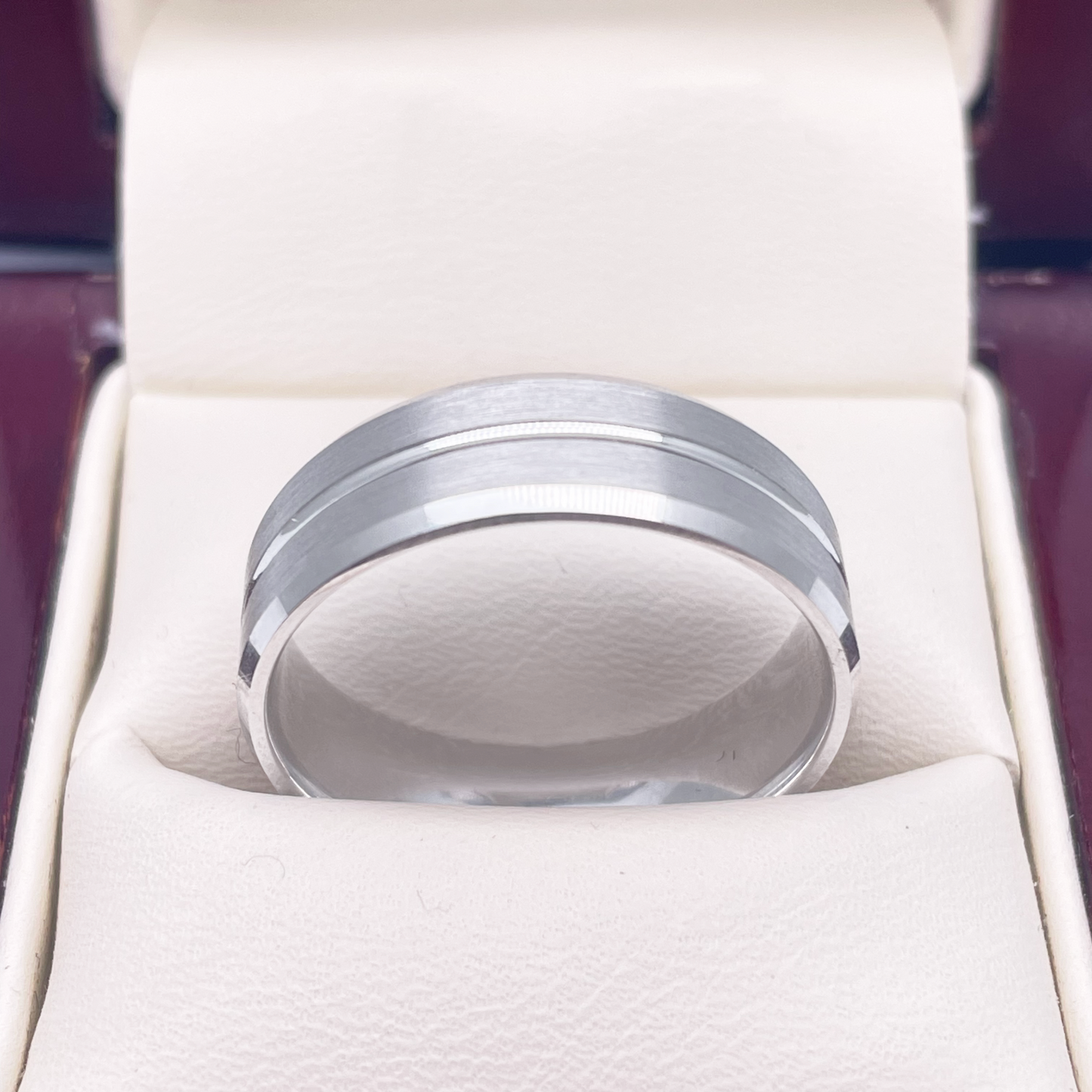 Mens Platinum Wedding Band 7mm Matt with Centre Grove & Bevelled Edges Heavy Weight