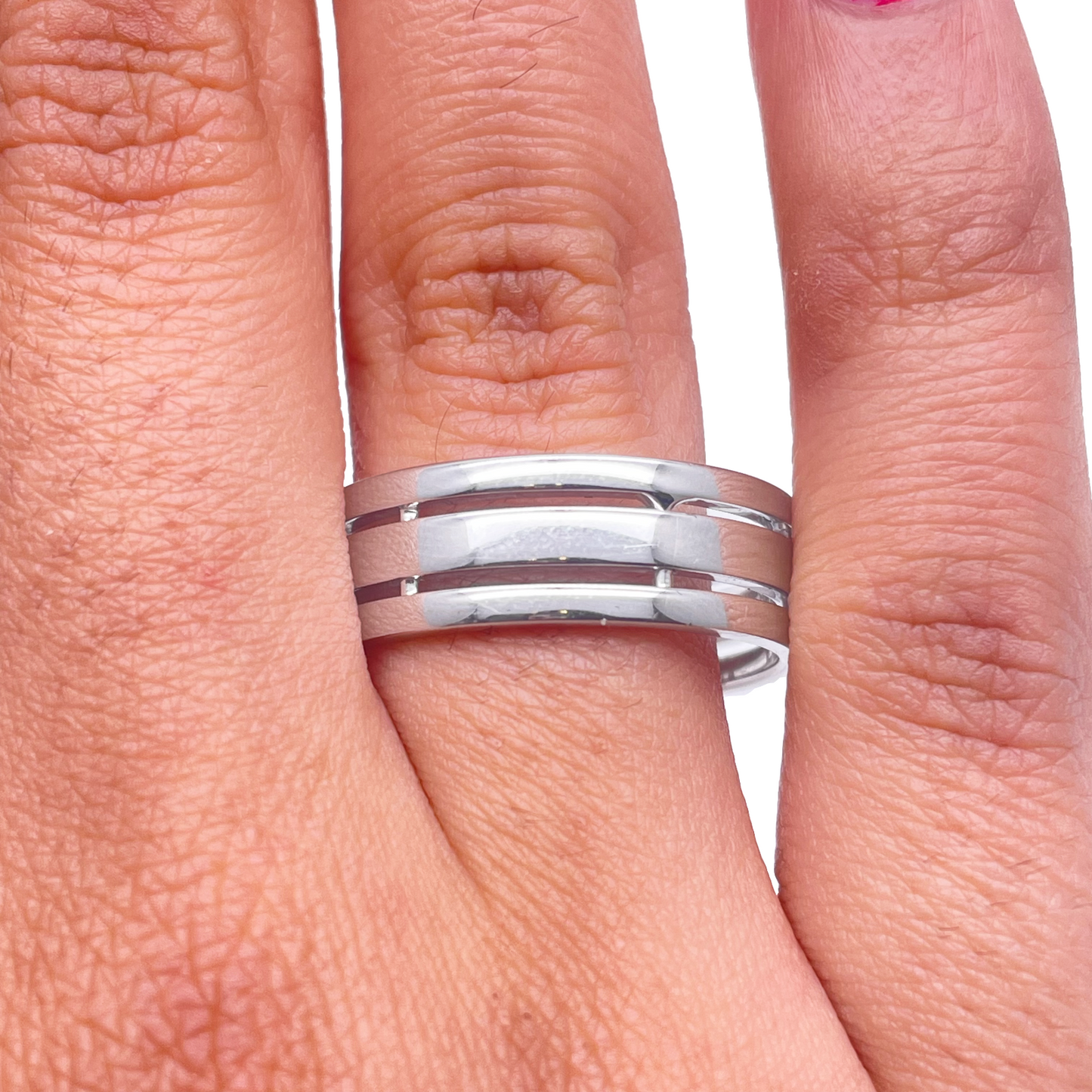 Mens Platinum 7mm Unique Polished 3 Row Cut Out Wedding Band Heavy Weight