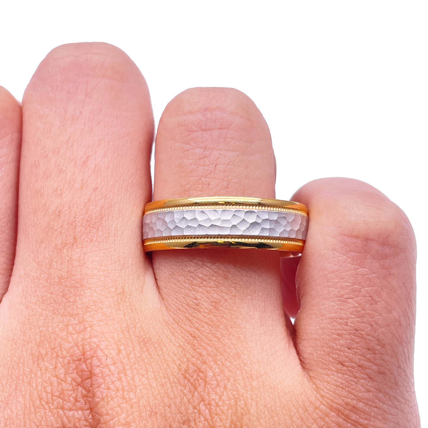 18ct Yellow/White Gold Bicolour Mens Wedding 6mm Band Hammered & Milgrain Middle
