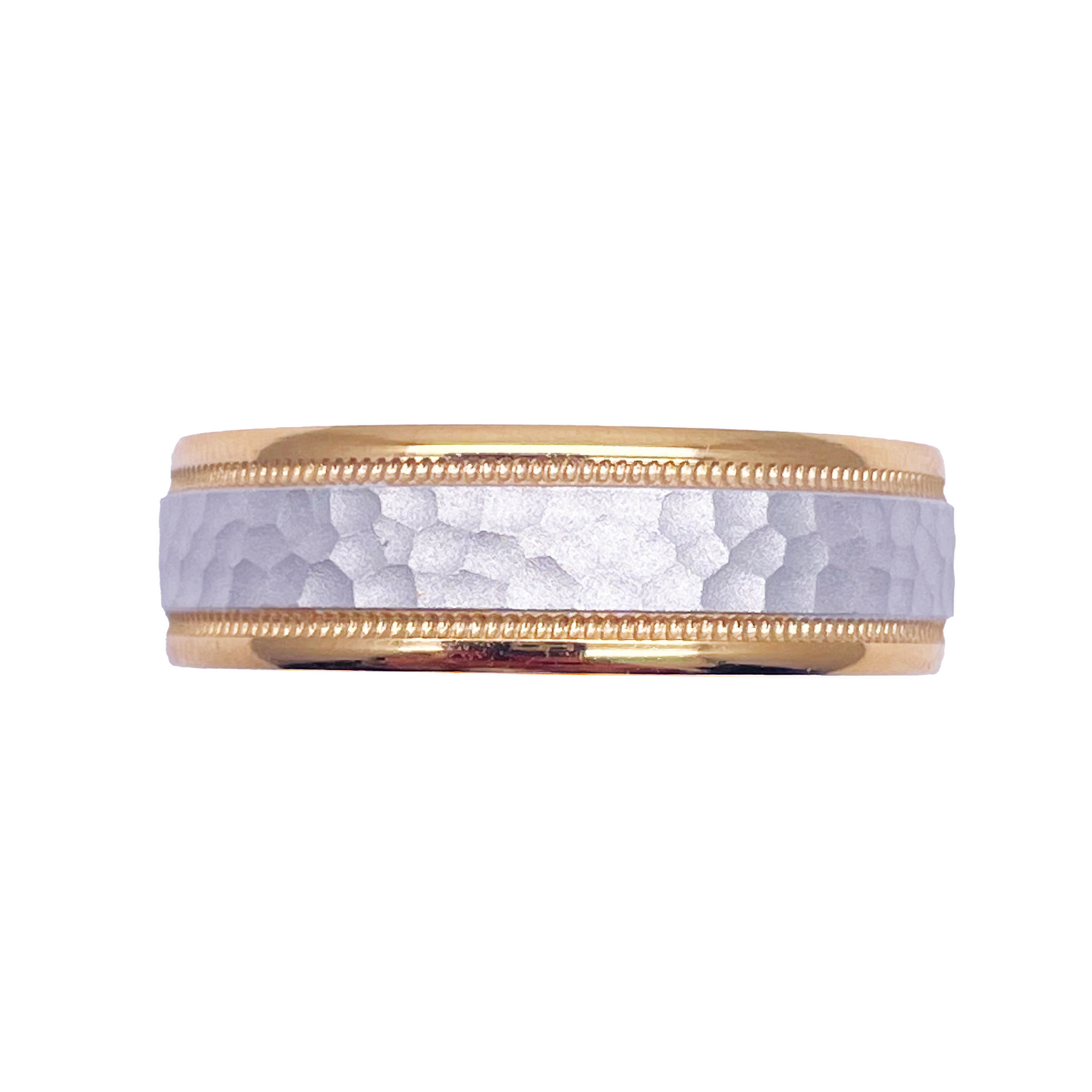 18ct Yellow/White Gold Bicolour Mens Wedding 6mm Band Hammered & Milgrain Middle