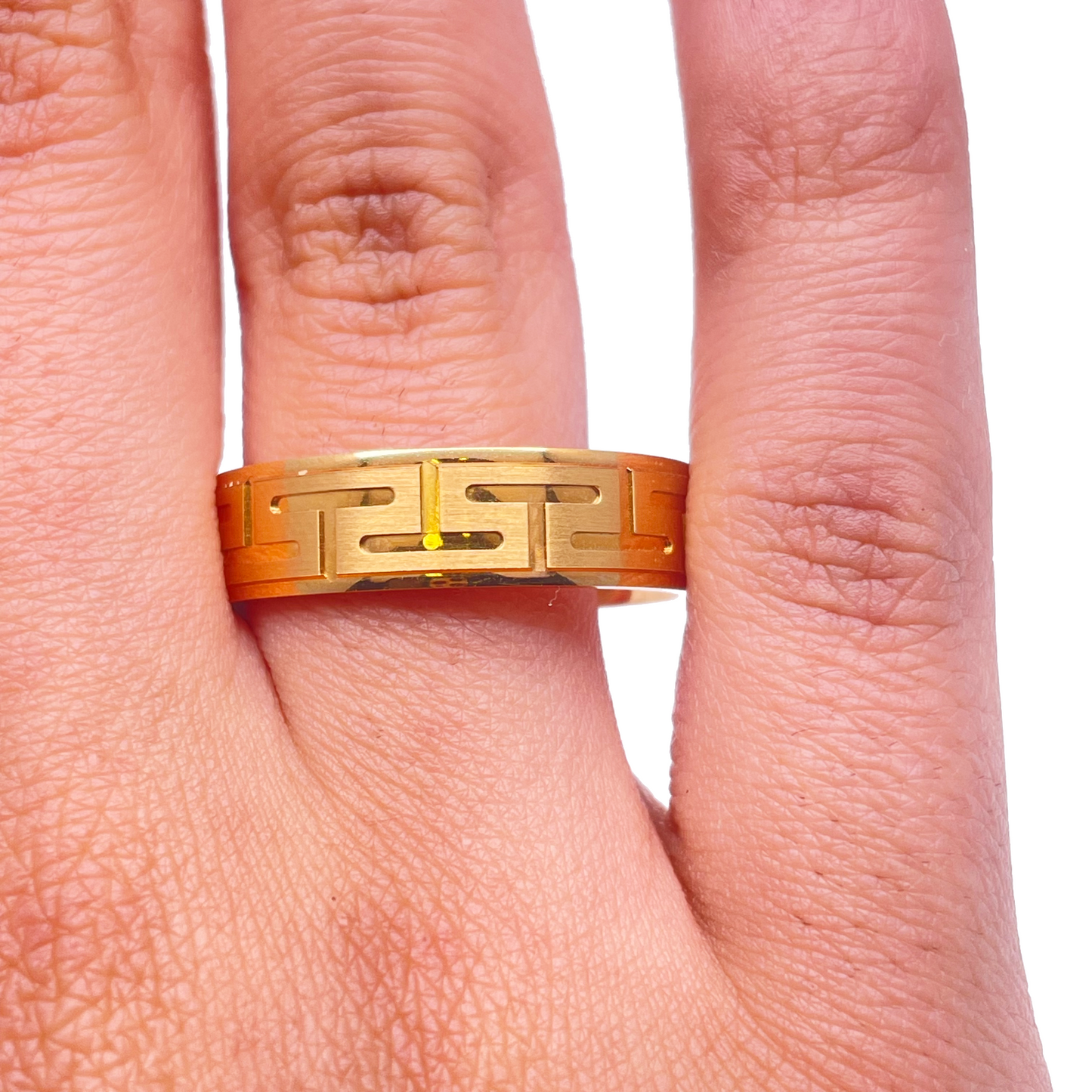 18ct Yellow Gold Mens Wedding 6mm Polished Band With Matt Greek Key Pattern