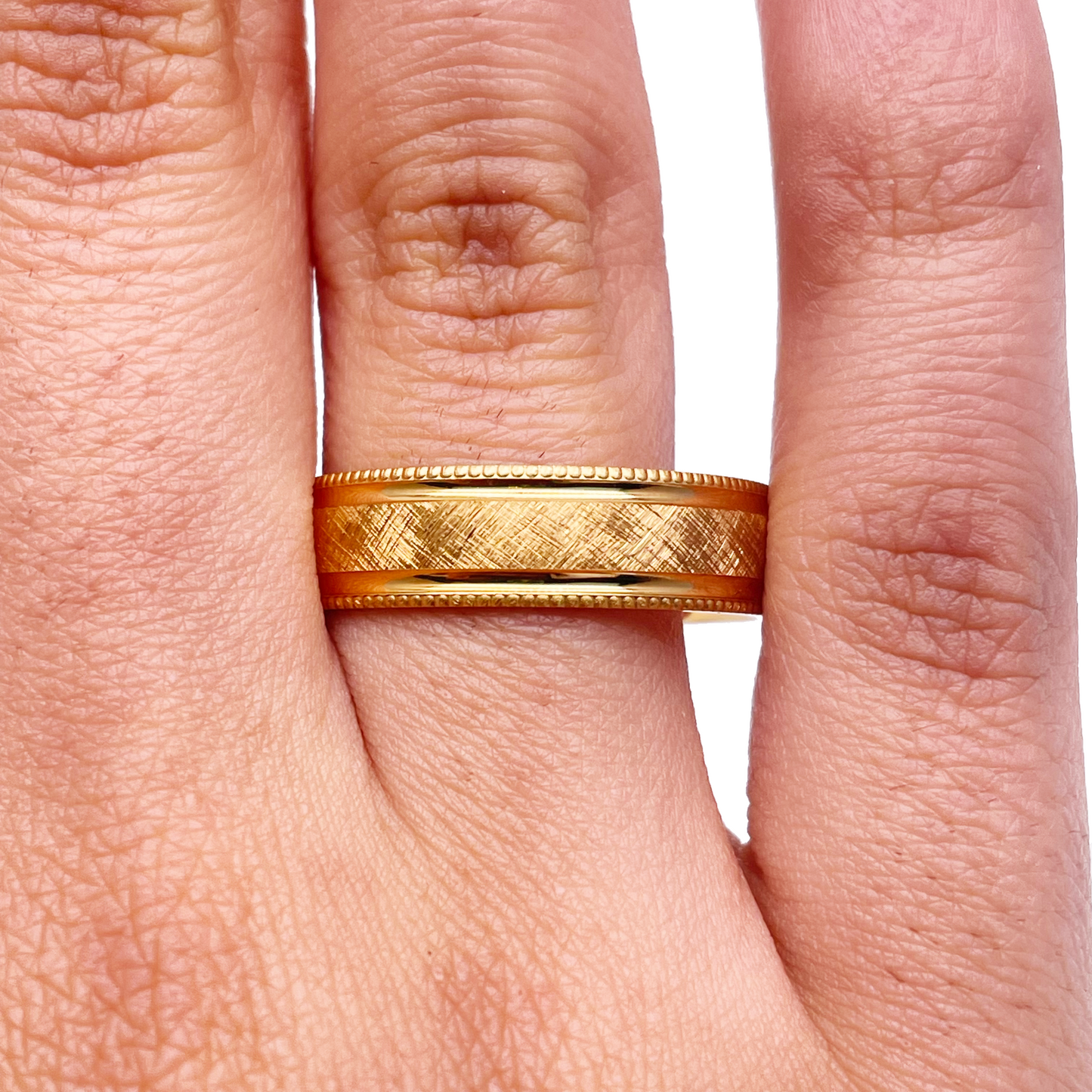 18ct Yellow Gold Mens Wedding 6mm Band Matt Middle and Groves Milgrain Edges