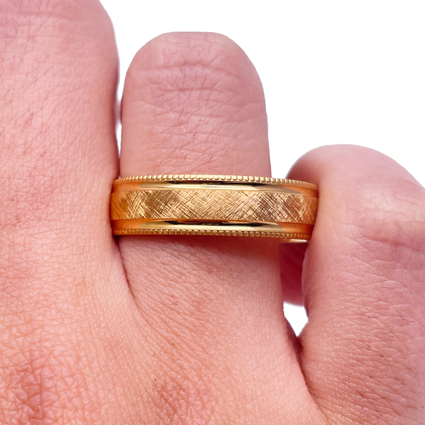 18ct Yellow Gold Mens Wedding 6mm Band Matt Middle and Groves Milgrain Edges