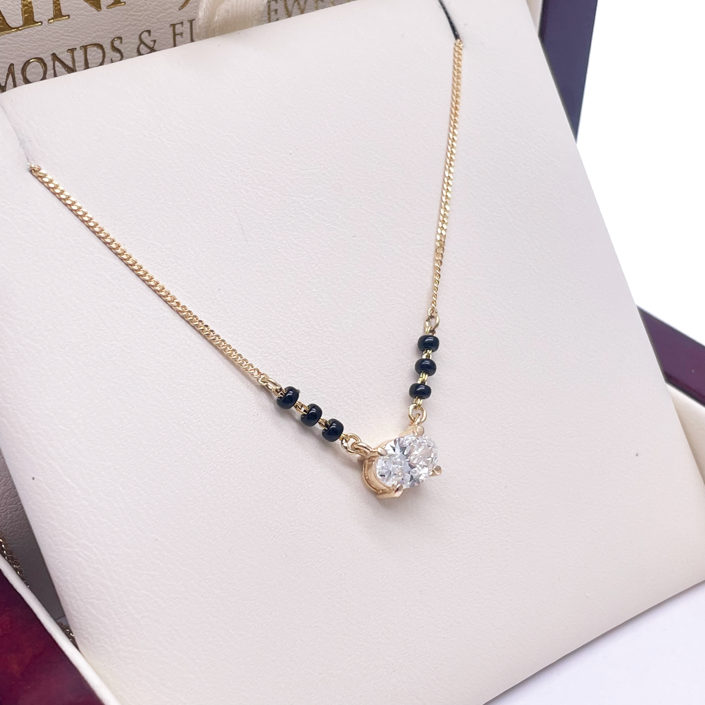 18ct Yellow Gold Lab Grown Oval Diamond 1.00ct Black Beads Mangalsutra Necklace IGI Certified