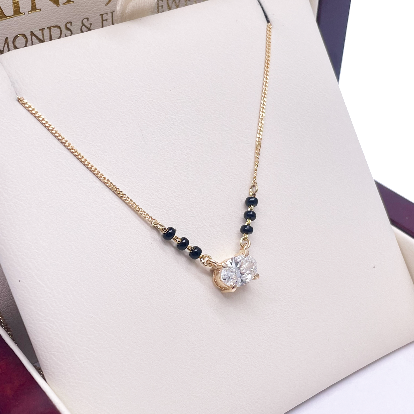 18ct Yellow Gold Lab Grown Oval Diamond 1.00ct Black Beads Mangalsutra Necklace IGI Certified