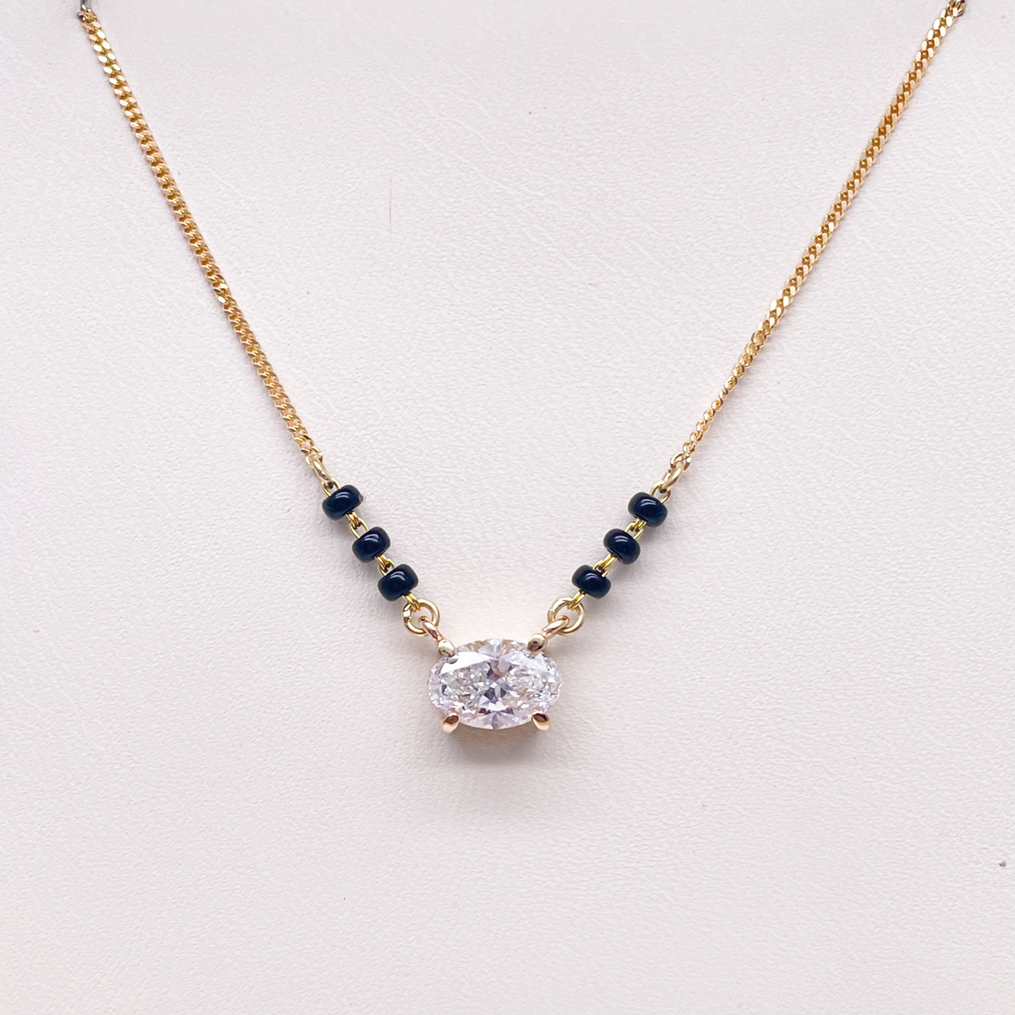 18ct Yellow Gold Lab Grown Oval Diamond 1.00ct Black Beads Mangalsutra Necklace IGI Certified