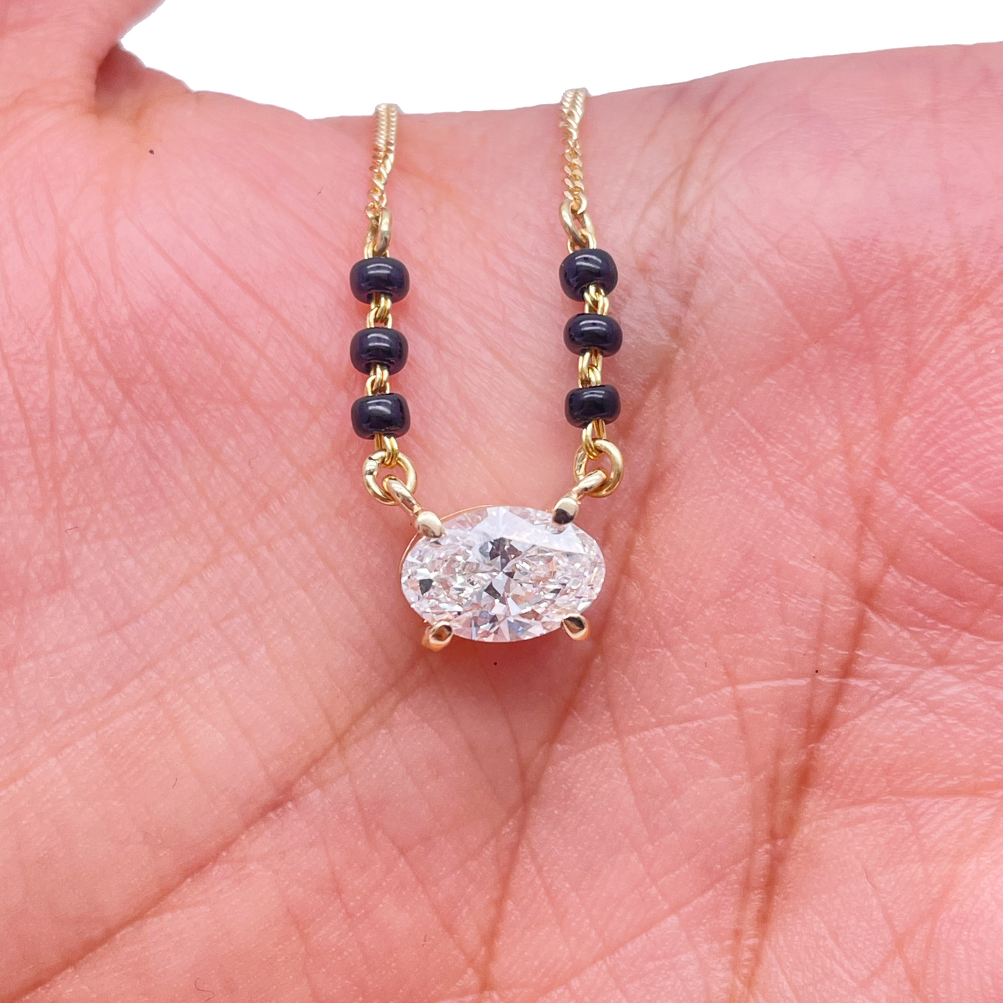 18ct Yellow Gold Lab Grown Oval Diamond 1.00ct Black Beads Mangalsutra Necklace IGI Certified