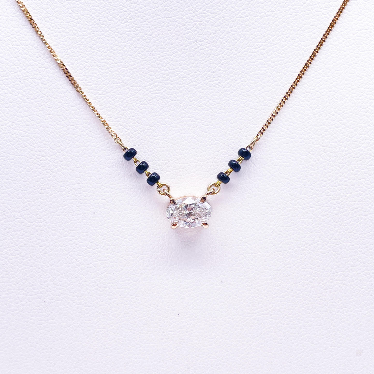 18ct Yellow Gold Lab Grown Oval Diamond 1.00ct Black Beads Mangalsutra Necklace IGI Certified