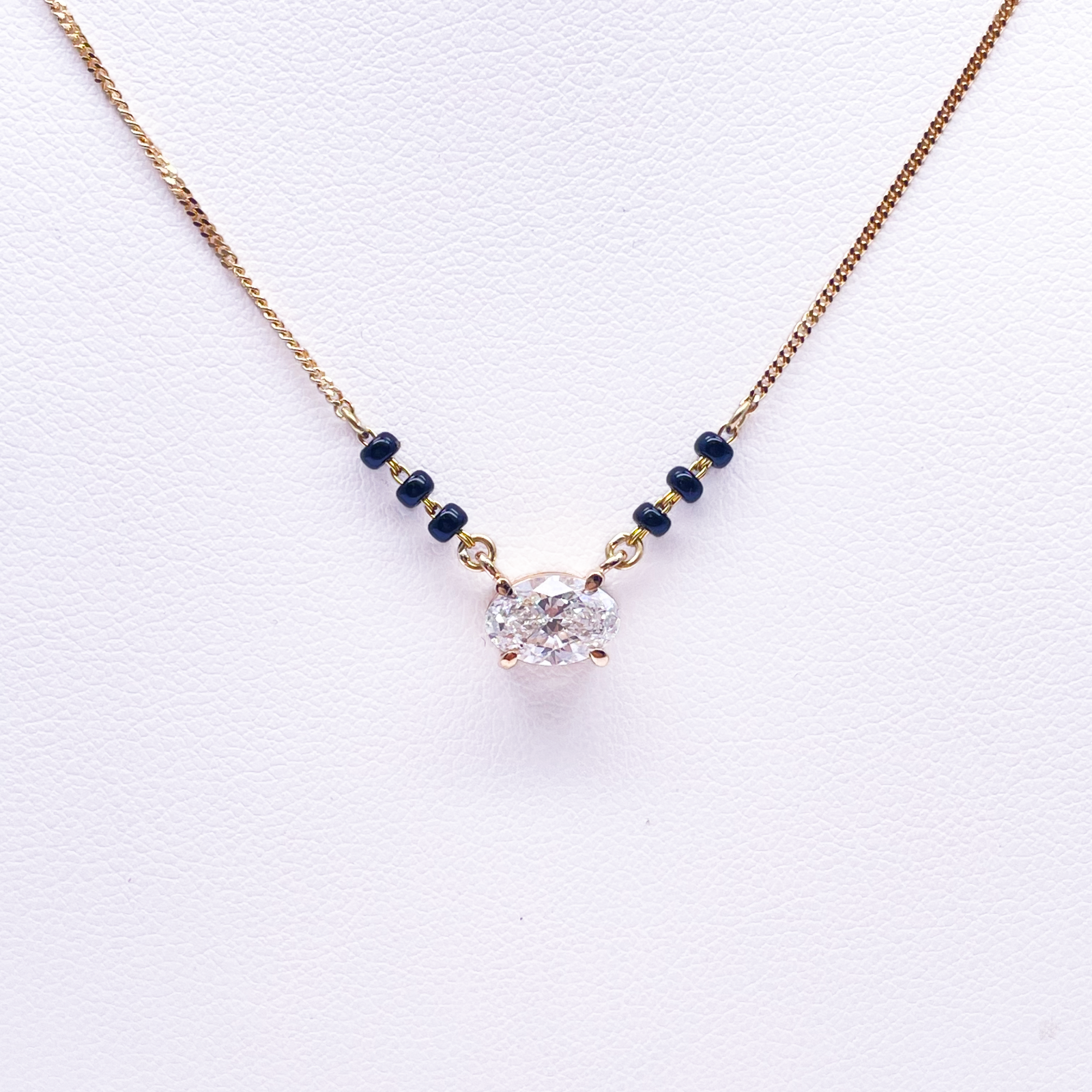 18ct Yellow Gold Lab Grown Oval Diamond 1.00ct Black Beads Mangalsutra Necklace IGI Certified