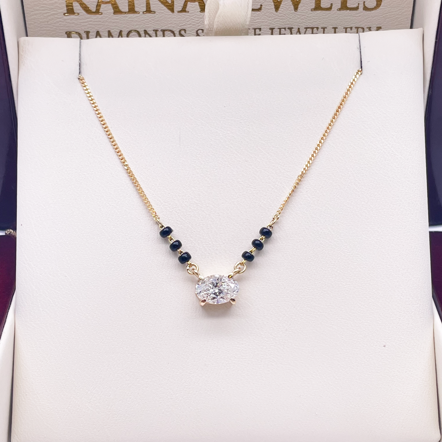 18ct Yellow Gold Lab Grown Oval Diamond 1.00ct Black Beads Mangalsutra Necklace IGI Certified