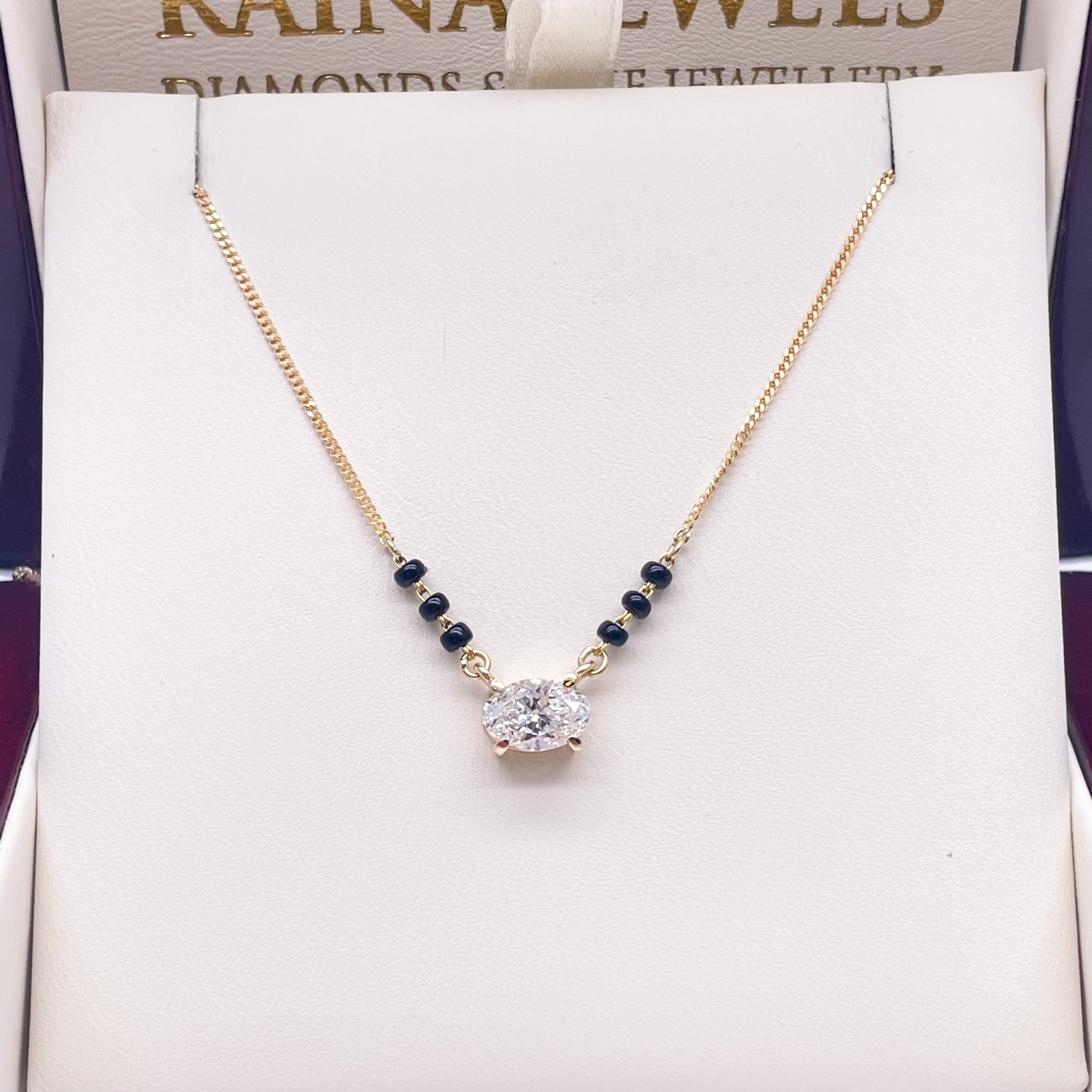 18ct Yellow Gold Lab Grown Oval Diamond 1.00ct Black Beads Mangalsutra Necklace IGI Certified
