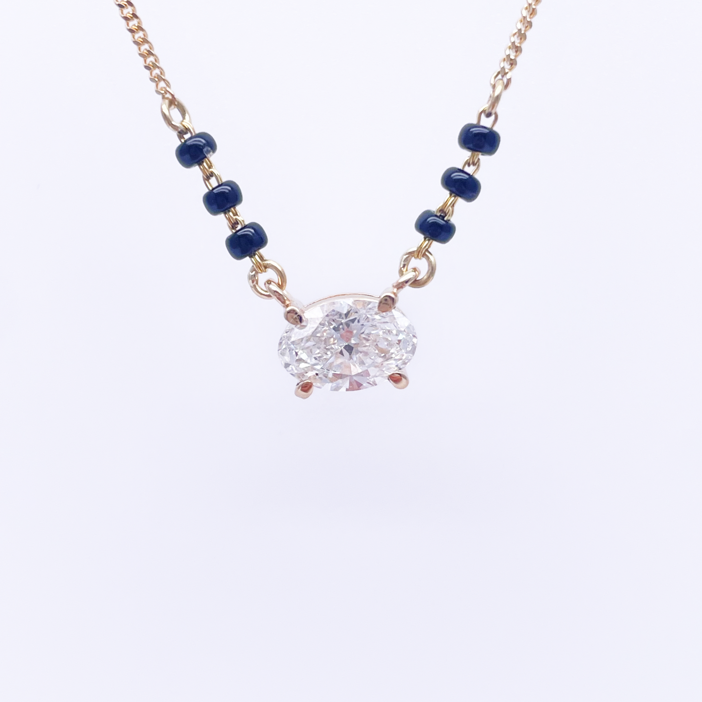 18ct Yellow Gold Lab Grown Oval Diamond 1.00ct Black Beads Mangalsutra Necklace IGI Certified