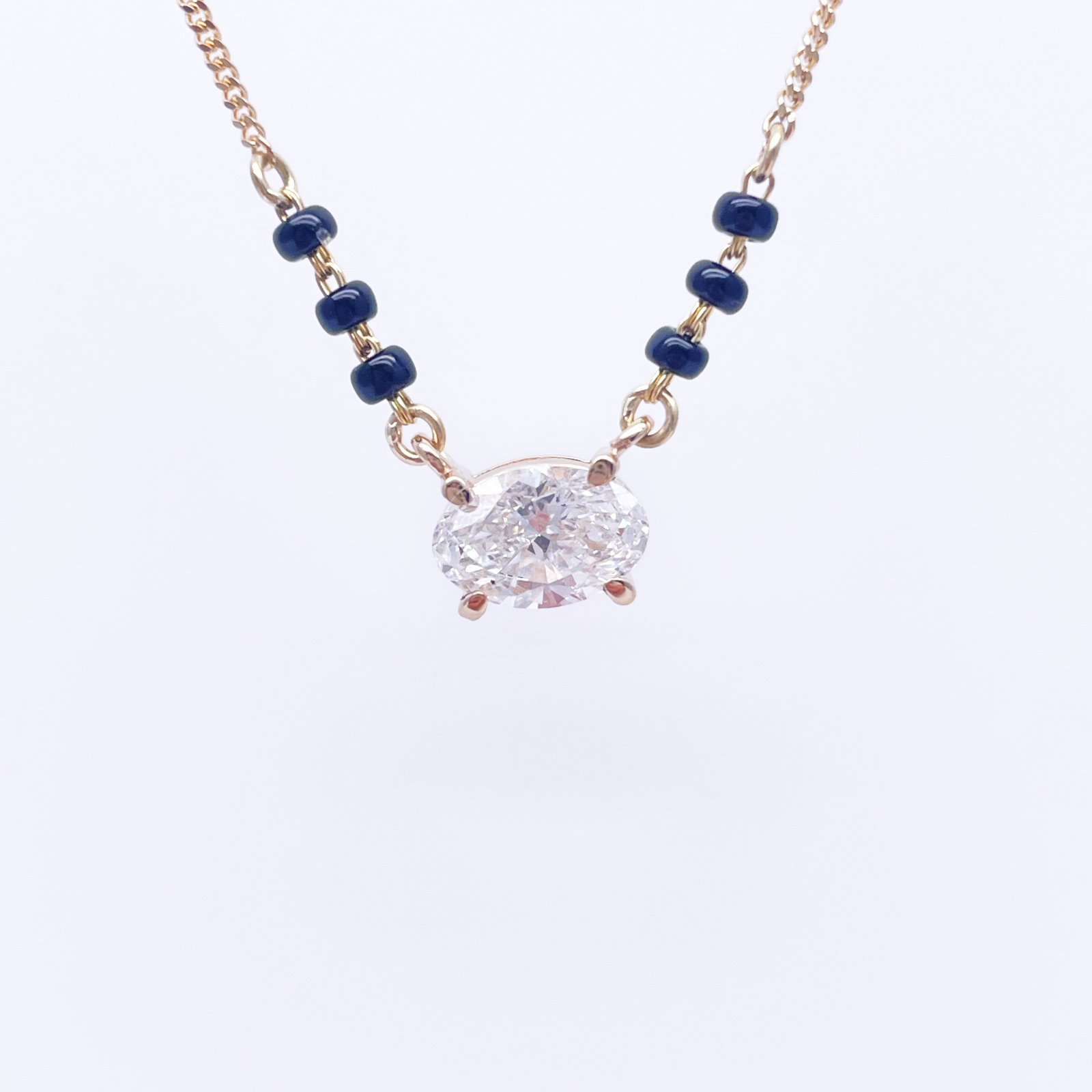 18ct Yellow Gold Lab Grown Oval Diamond 1.00ct Black Beads Mangalsutra Necklace IGI Certified