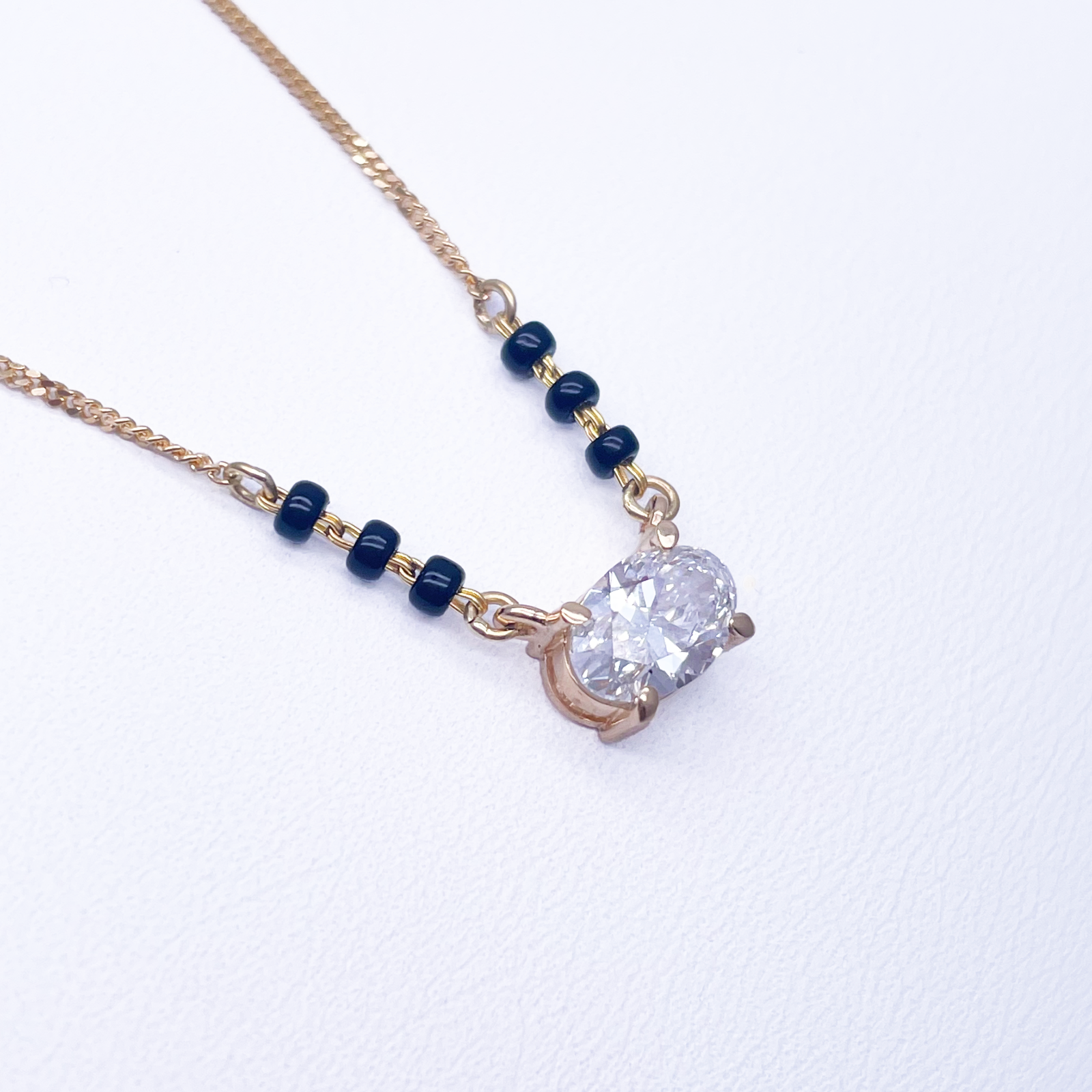 18ct Yellow Gold Lab Grown Oval Diamond 1.00ct Black Beads Mangalsutra Necklace IGI Certified