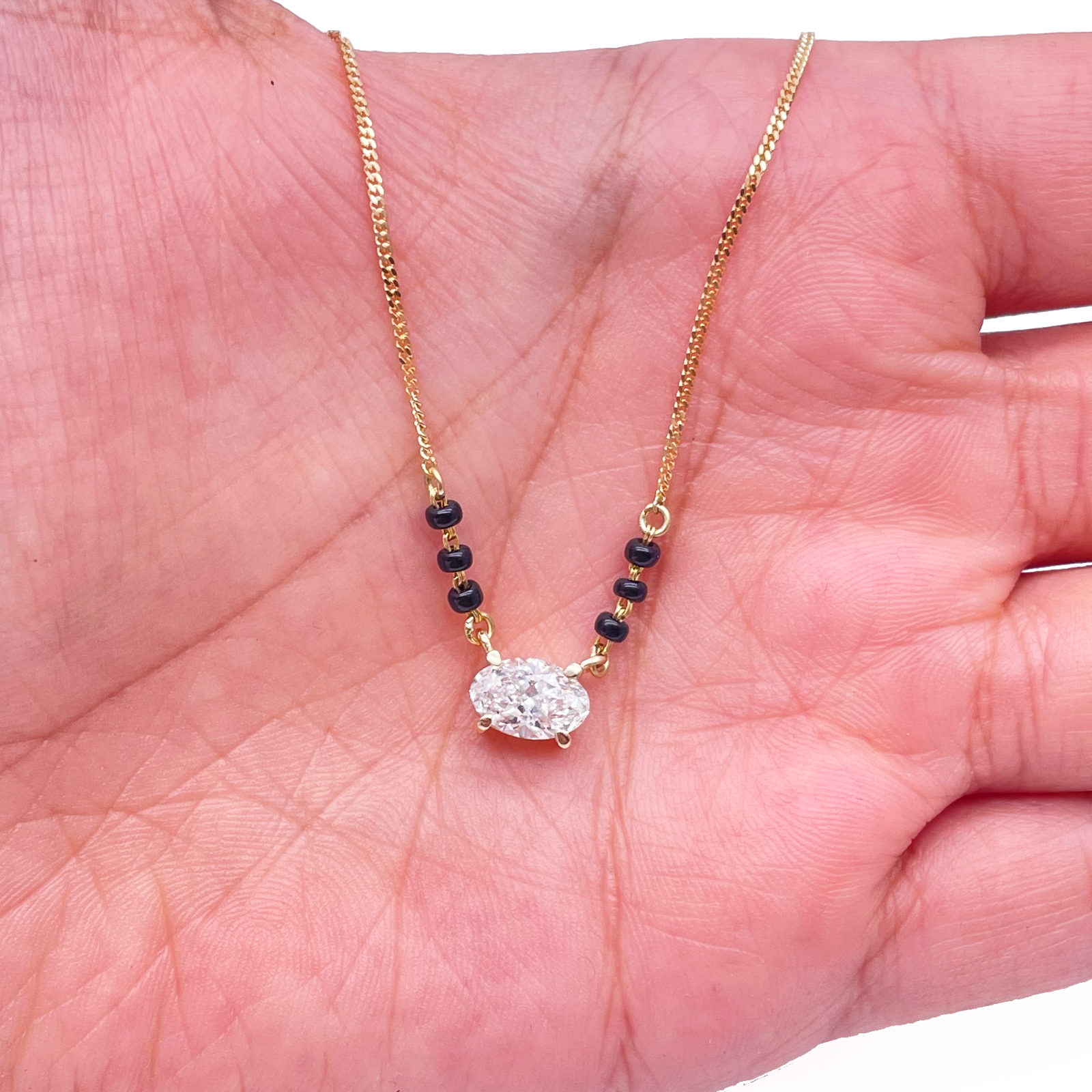 18ct Yellow Gold Lab Grown Oval Diamond 1.00ct Black Beads Mangalsutra Necklace IGI Certified
