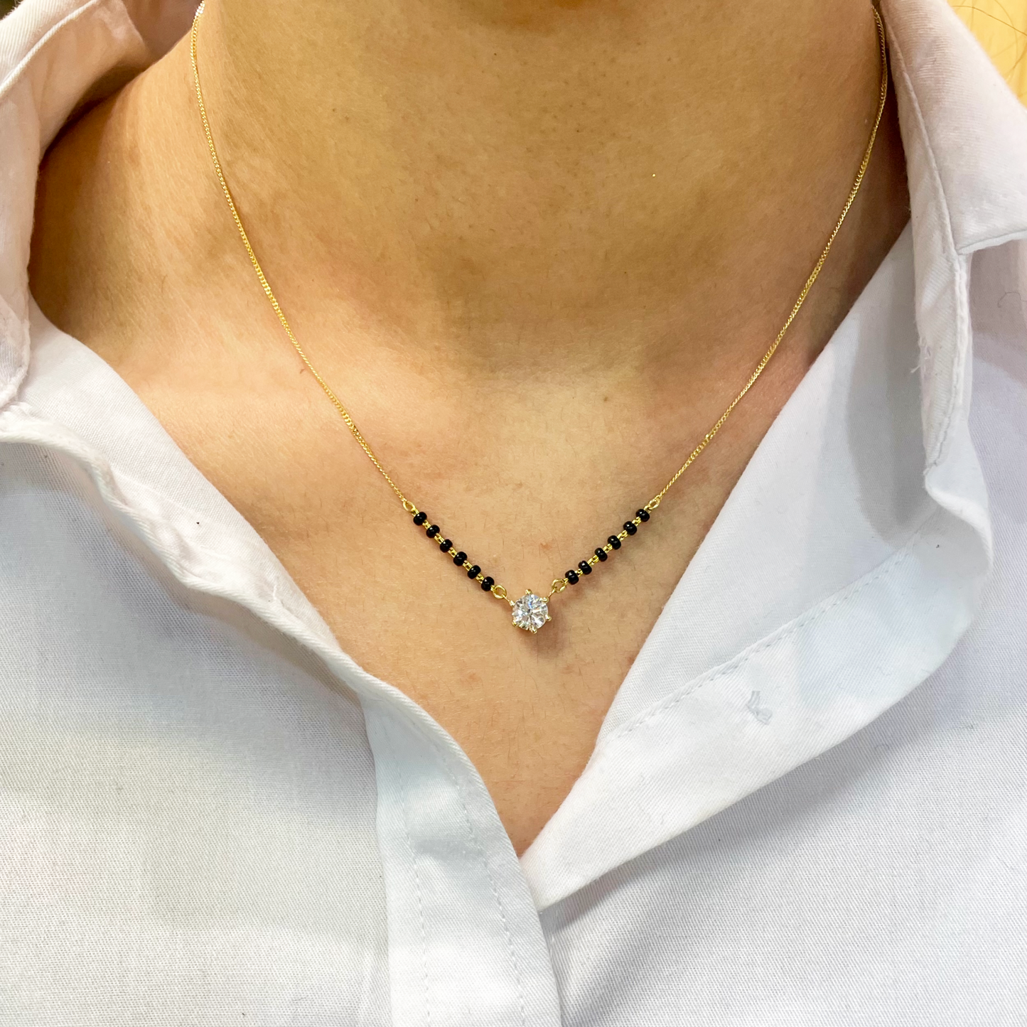 18ct Yellow Gold Lab Grown 6 Claw Diamond 0.70ct Black Beads Mangalsutra Necklace IGI Certified  Mangalsutra Chains