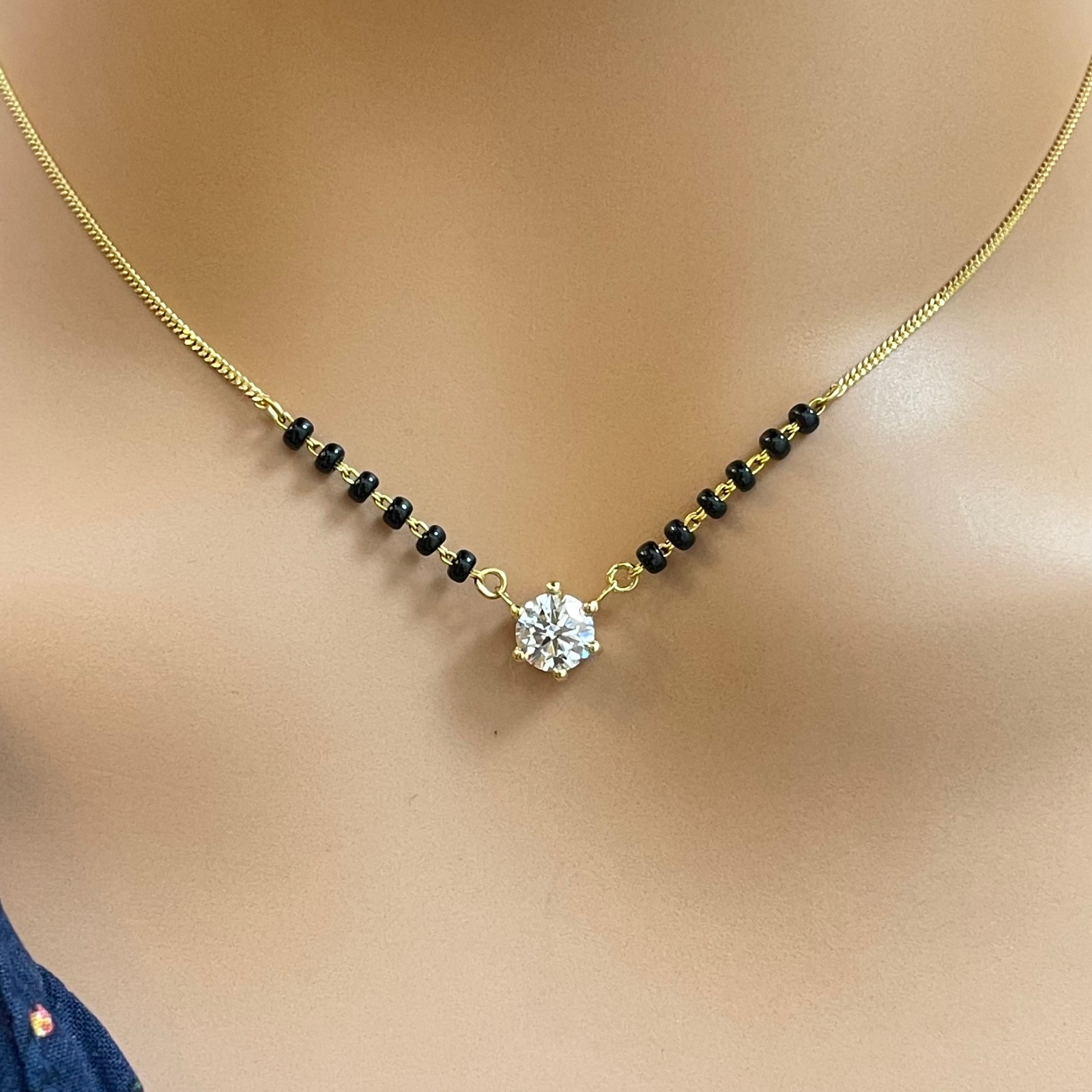 18ct Yellow Gold Lab Grown 6 Claw Diamond 0.70ct Black Beads Mangalsutra Necklace IGI Certified  Mangalsutra Chains