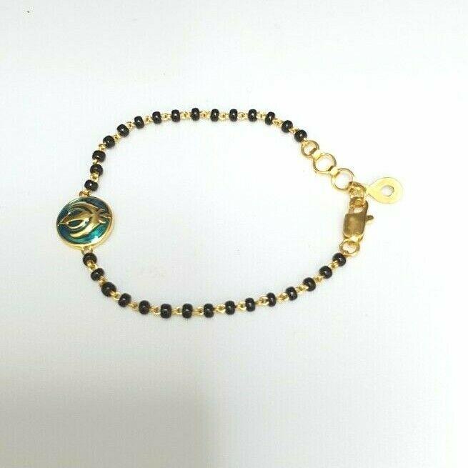 22ct Yellow gold Baby Bracelet Black-beads with Khanda/ Khalsa Pendant 5.5'' Inch