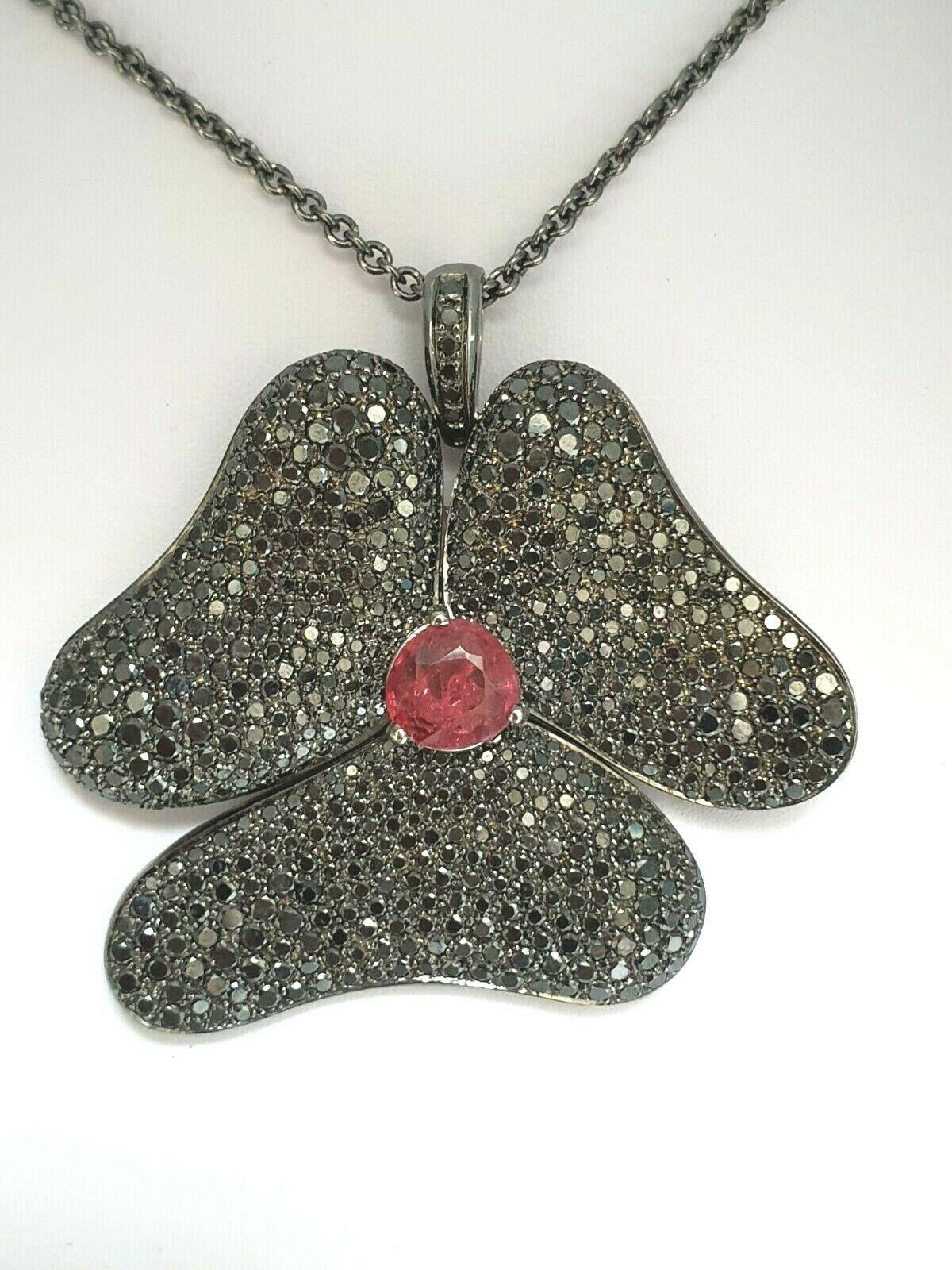 Gavello Black Diamond & Tourmaline Pendant 18K White Gold On Silver Chain
