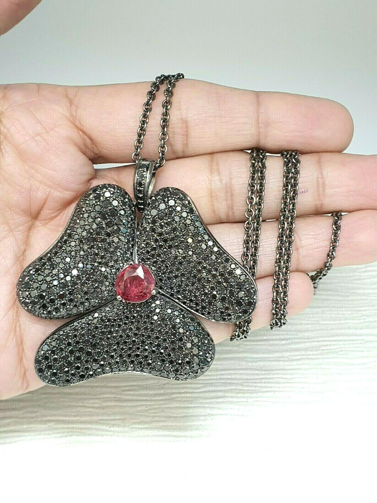 Gavello Black Diamond & Tourmaline Pendant 18K White Gold On Silver Chain