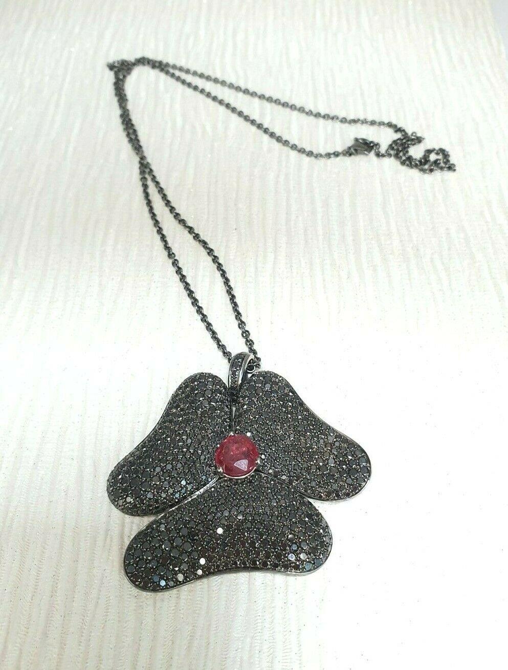 Gavello Black Diamond & Tourmaline Pendant 18K White Gold On Silver Chain