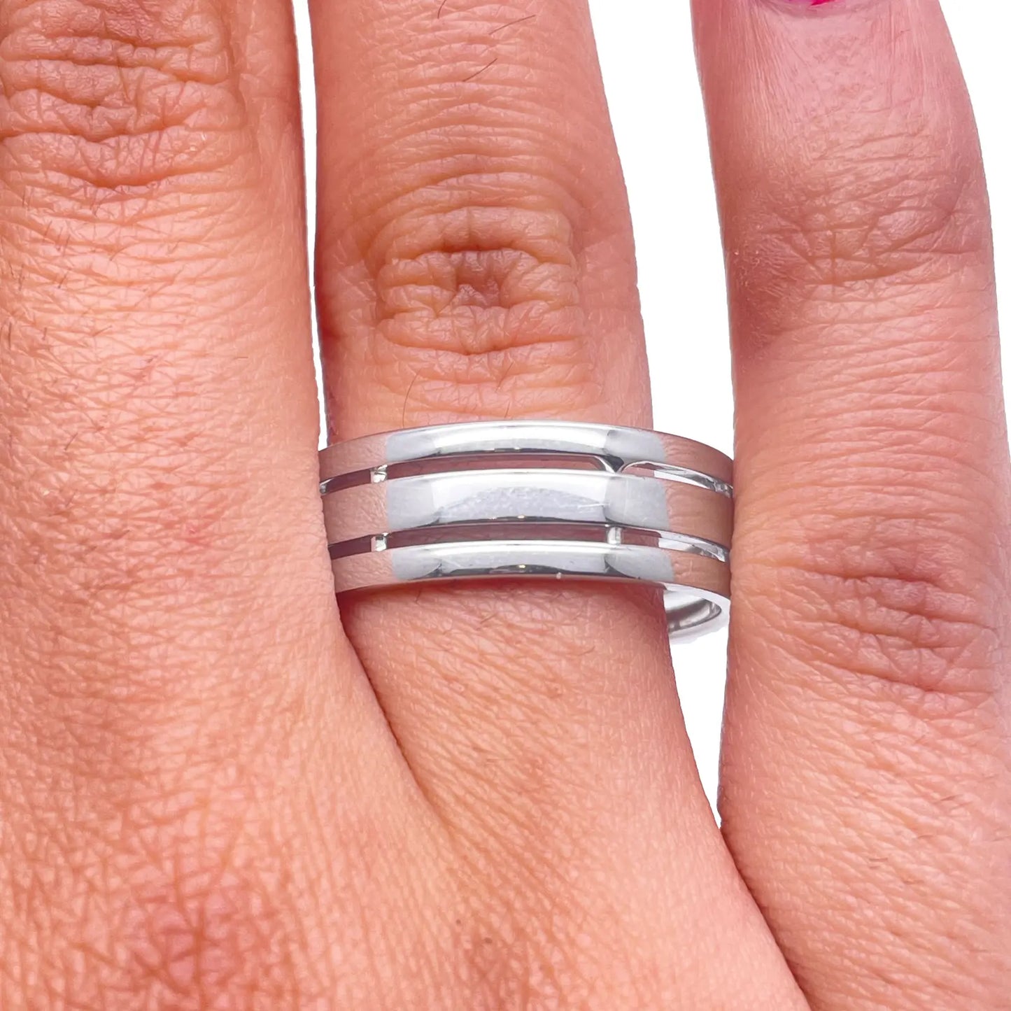 Mens Platinum 7mm Unique Polished 3 Row Cut Out Wedding Band Heavy Weight Platinum Ring