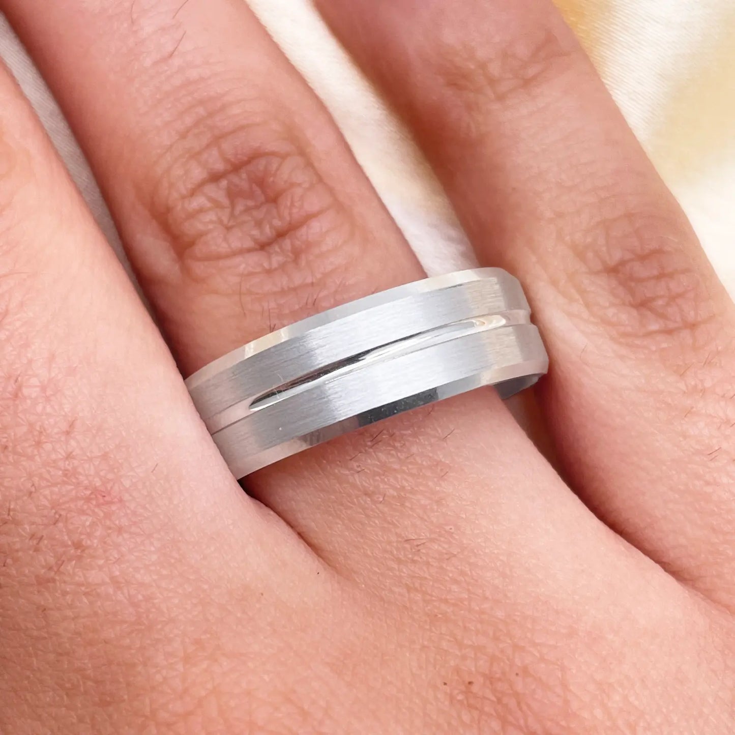 Mens Platinum Wedding Band 7mm Matt with Centre Groove & Bevelled Edges Heavy Weight Platinum Ring