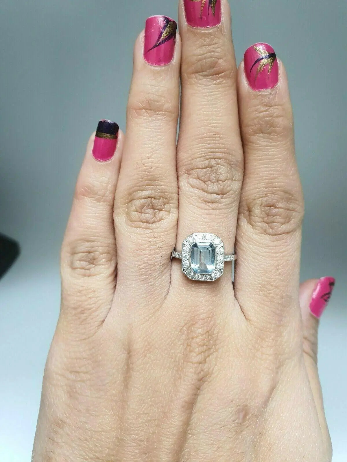 Vintage Design Aquamarine & Diamond Platinum Ring 0.20cts Pre-Owned Excellent Condition Diamond Ring