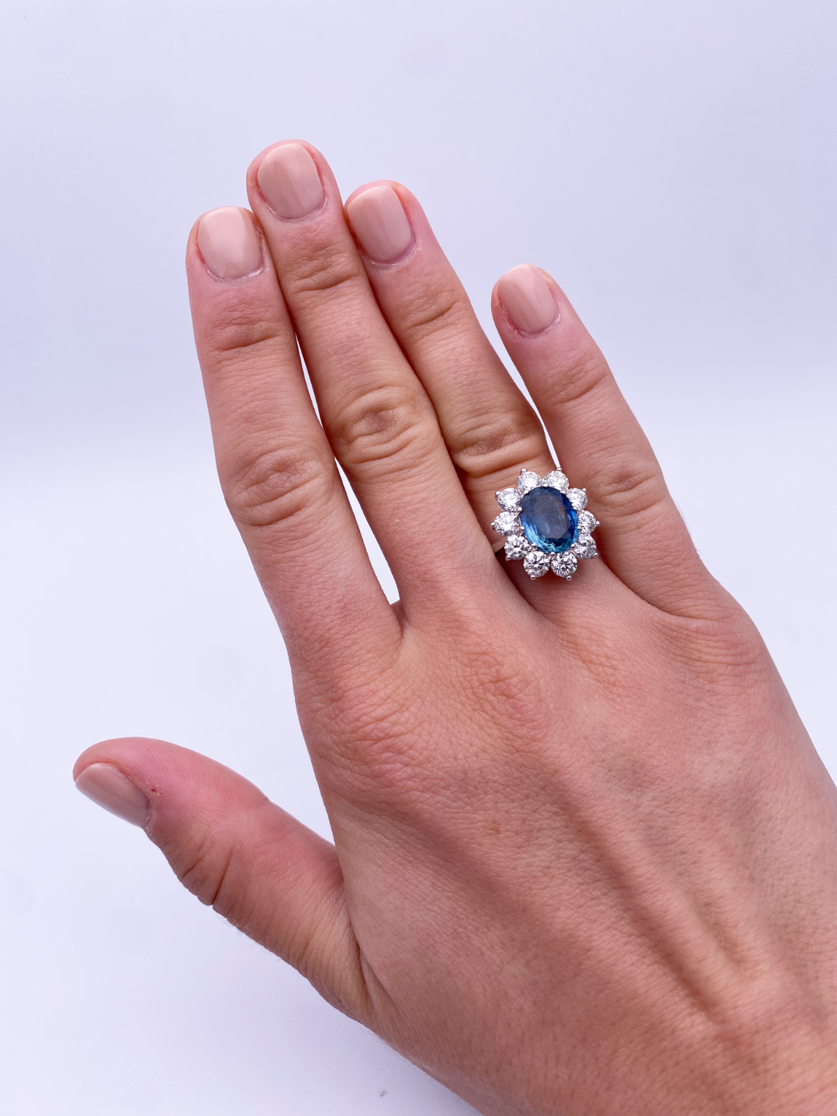 18ct White Gold Natural Blue Sapphire & Diamond Oval Cluster Ring 2.66 carats