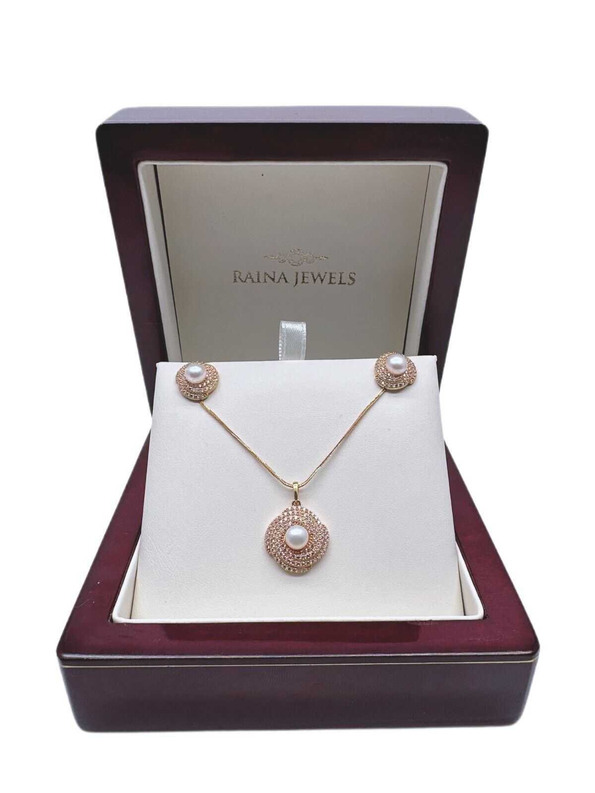 22ct Yellow Gold Cubic Zirconia Pearl Earrings & Pendant on 18K Chain Necklace