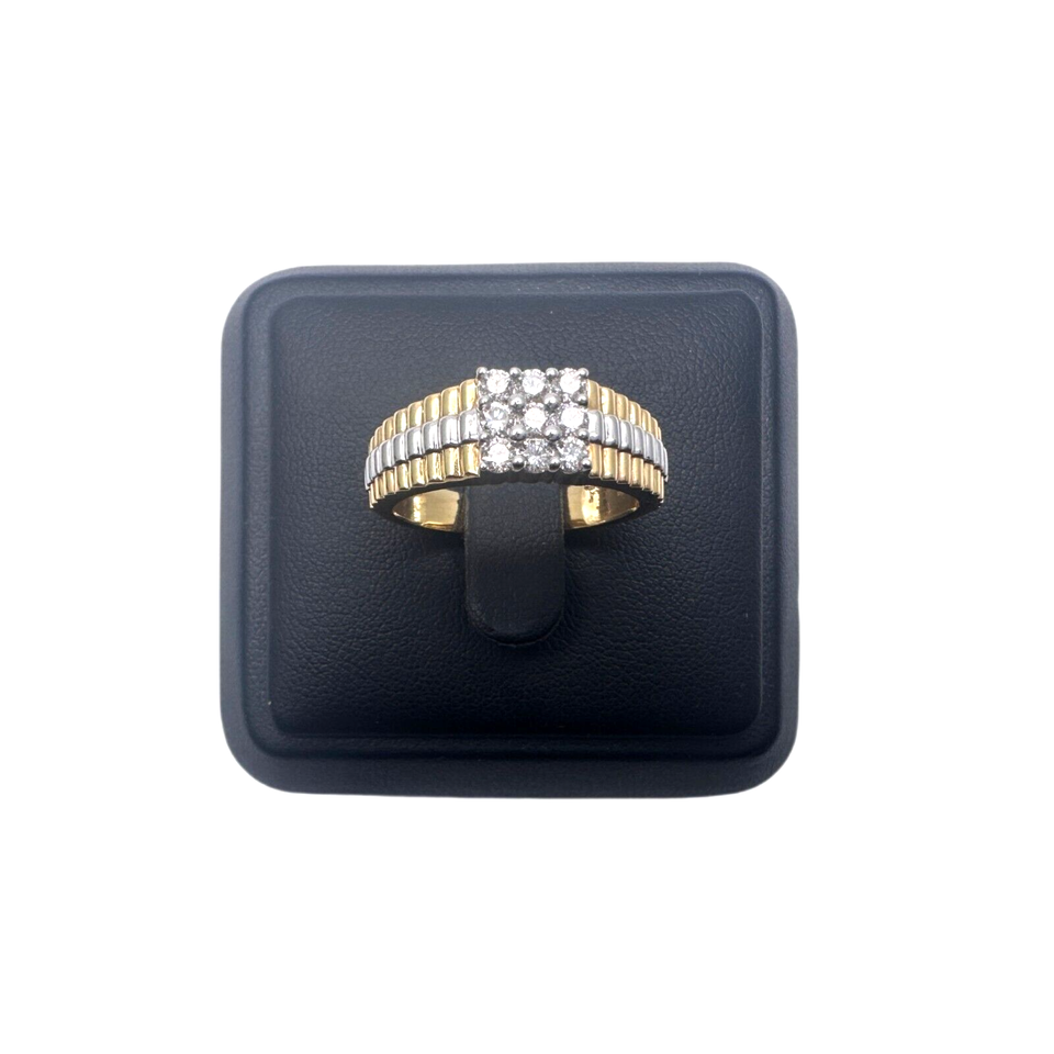 18Ct Yellow Gold Diamond 9 Stone Men's Ring Bi-Colour Ribbed Shank 0.50cts G/SI
